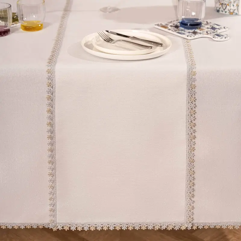 Table runner, 40x160 cm, polyester, white, Floral lace, Flower lace ,image-0