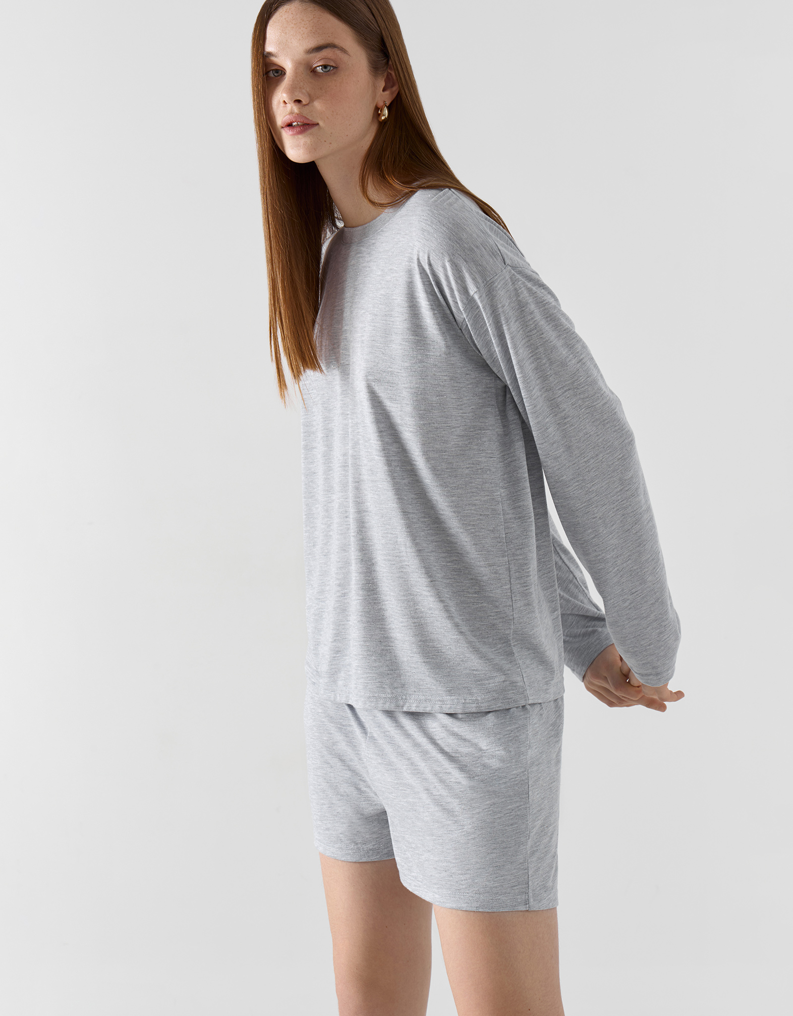 Women's shorts, homewear, size L, polyester / viscose / lurex, light gray, Awereona, image-3