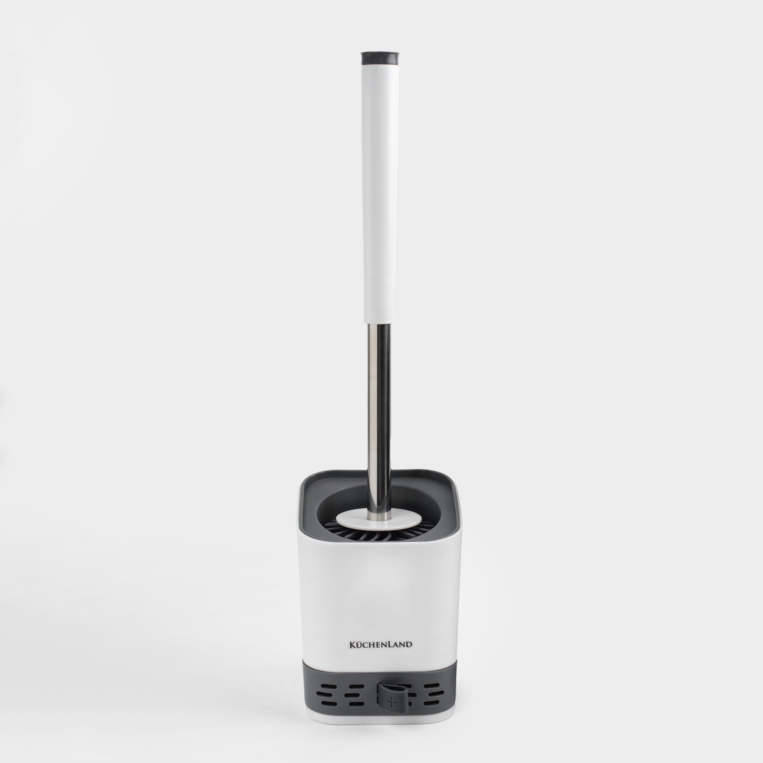 Toilet brush, 45 cm, with stand/drain container, rubber / plastic, grey-white, Click