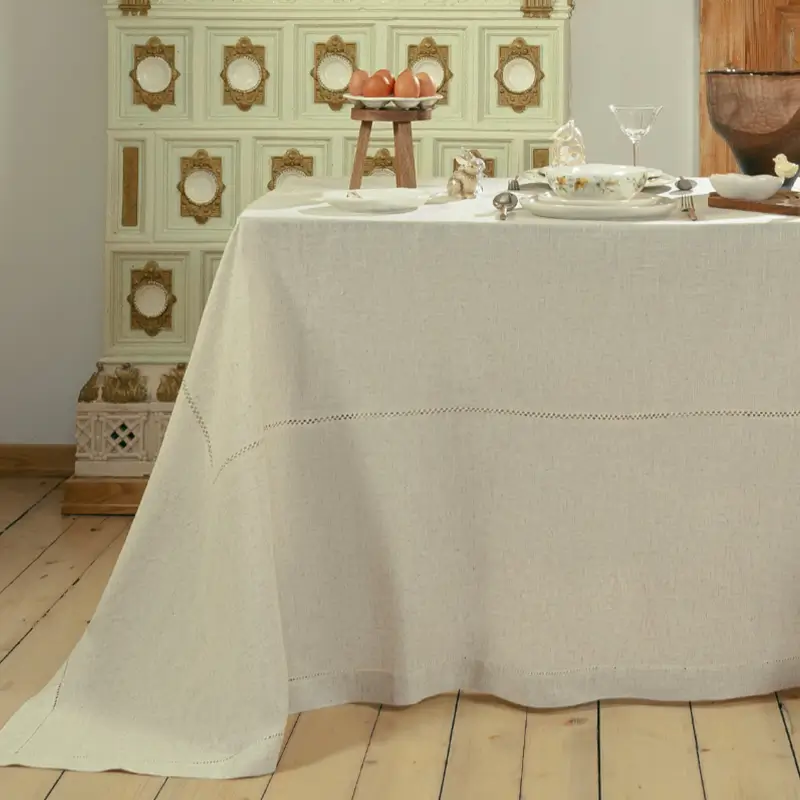 Tablecloth, 170x250 cm, polyester / linen, beige, Hemstitch ,image-0