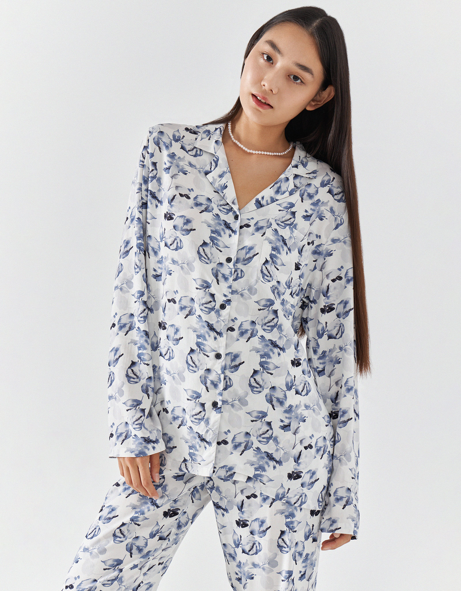 Women's shirt, homewear, size L, with long sleeves, viscose, blue and white, Leaves, Lori, image-1