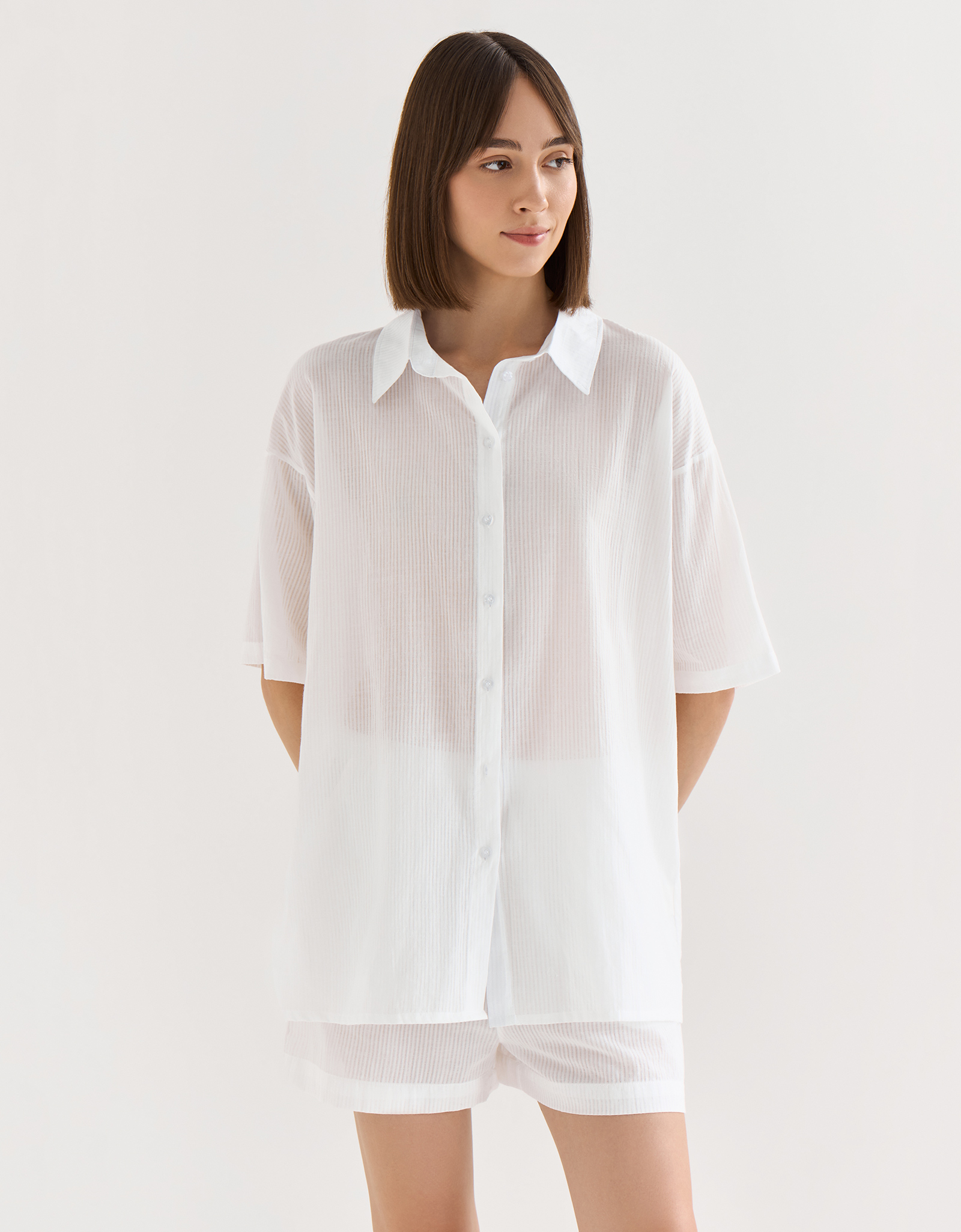 Women's shirt, homewear, size L, with short sleeves, cotton, white, Stripes, Leticia, image-0