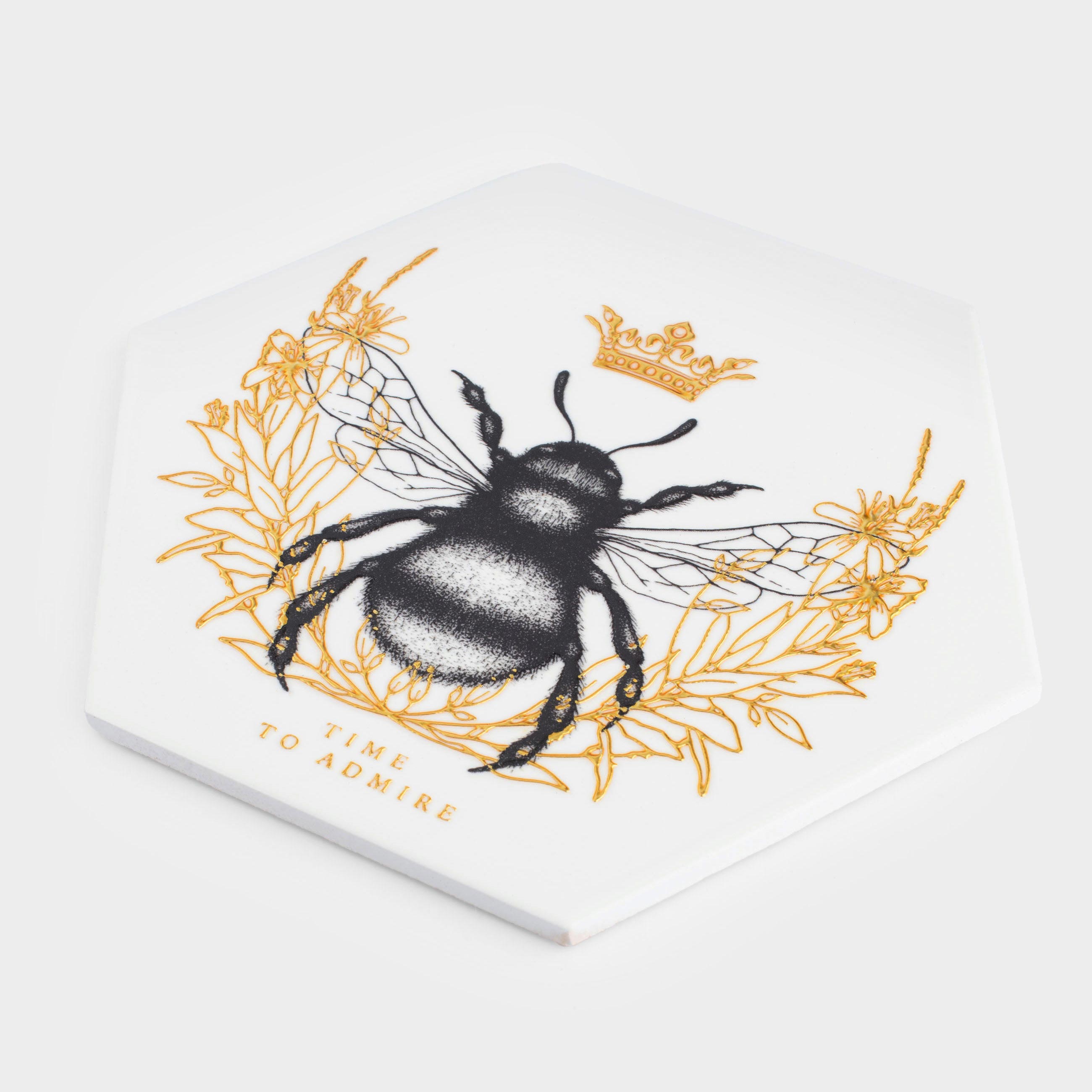 Hot plate, 20 cm, ceramic / cork, hexagonal, white, Royal bee, Honey