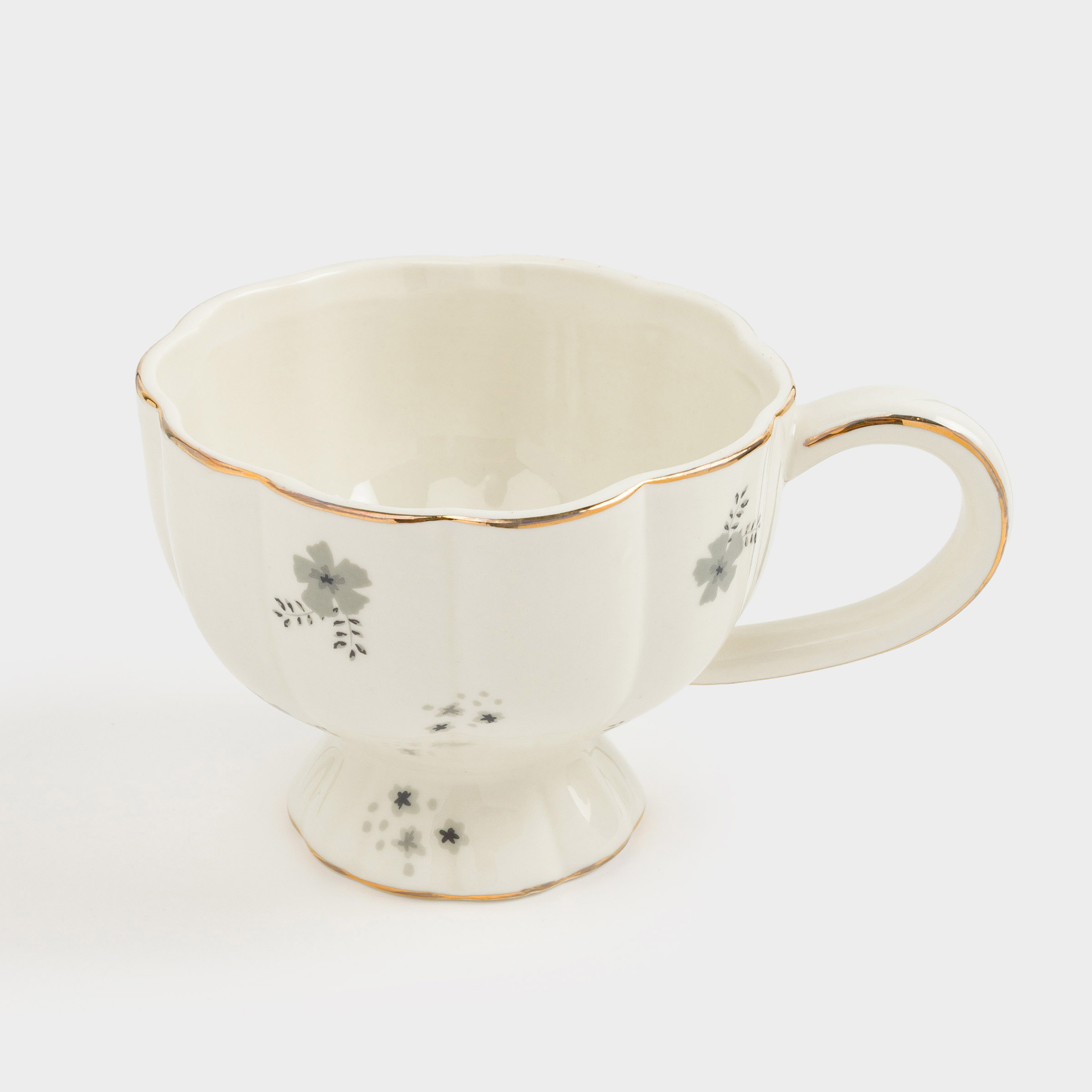 Mug, 360 ml, porcelain P, milky, with golden edging, Grey flowers, Florals, image-1