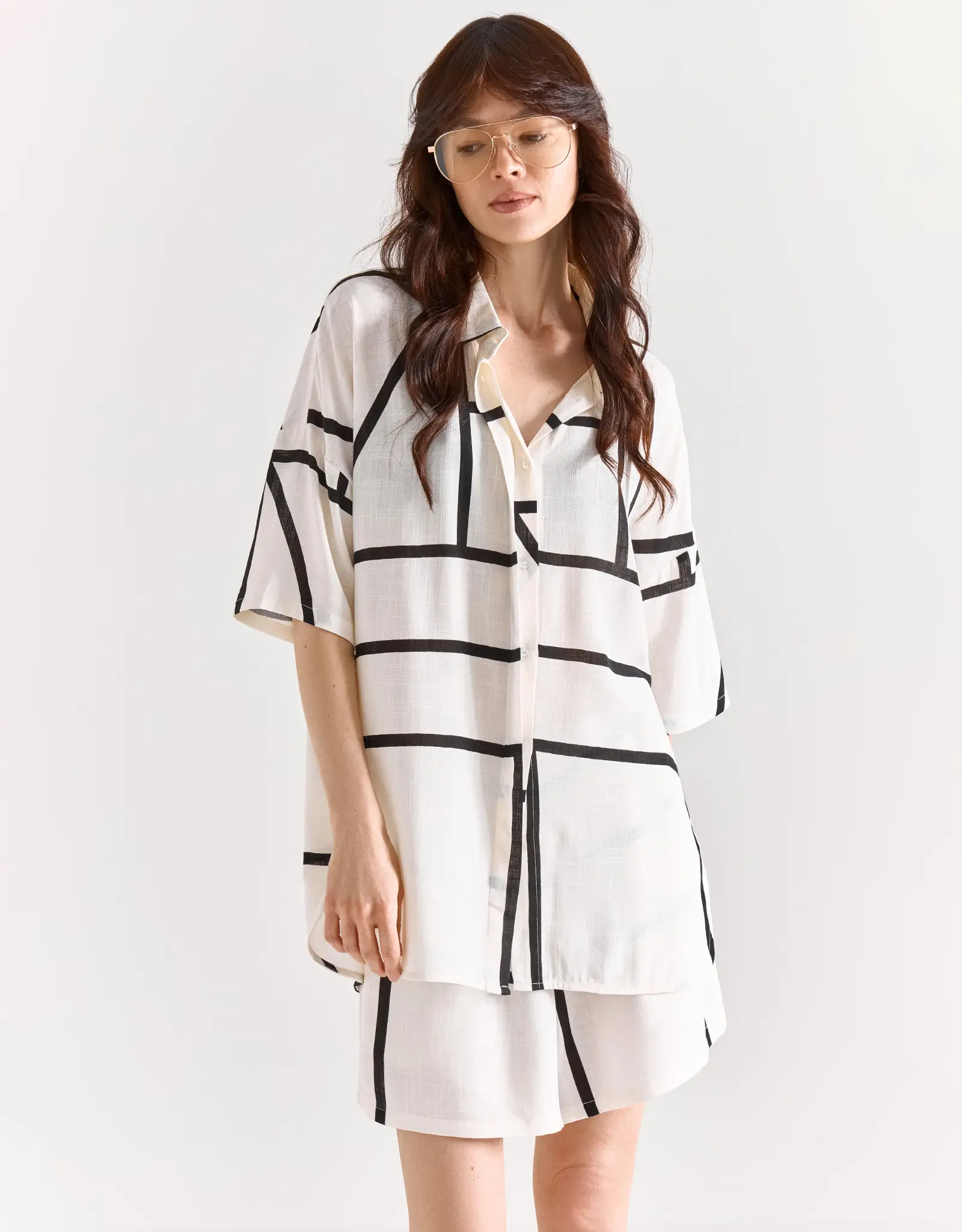 Women's shirt, size L, with short sleeves, viscose, black and white, Lines, Nataly