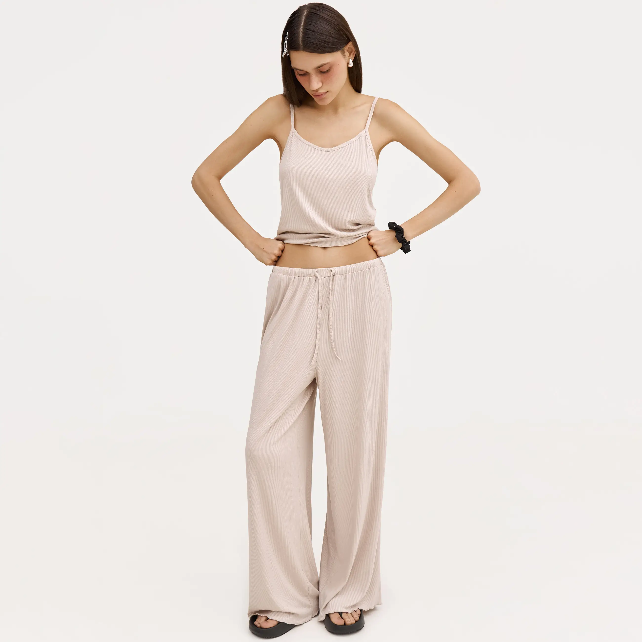 Women's trousers, homewear, size L, modal / spandex, beige, Rosemary