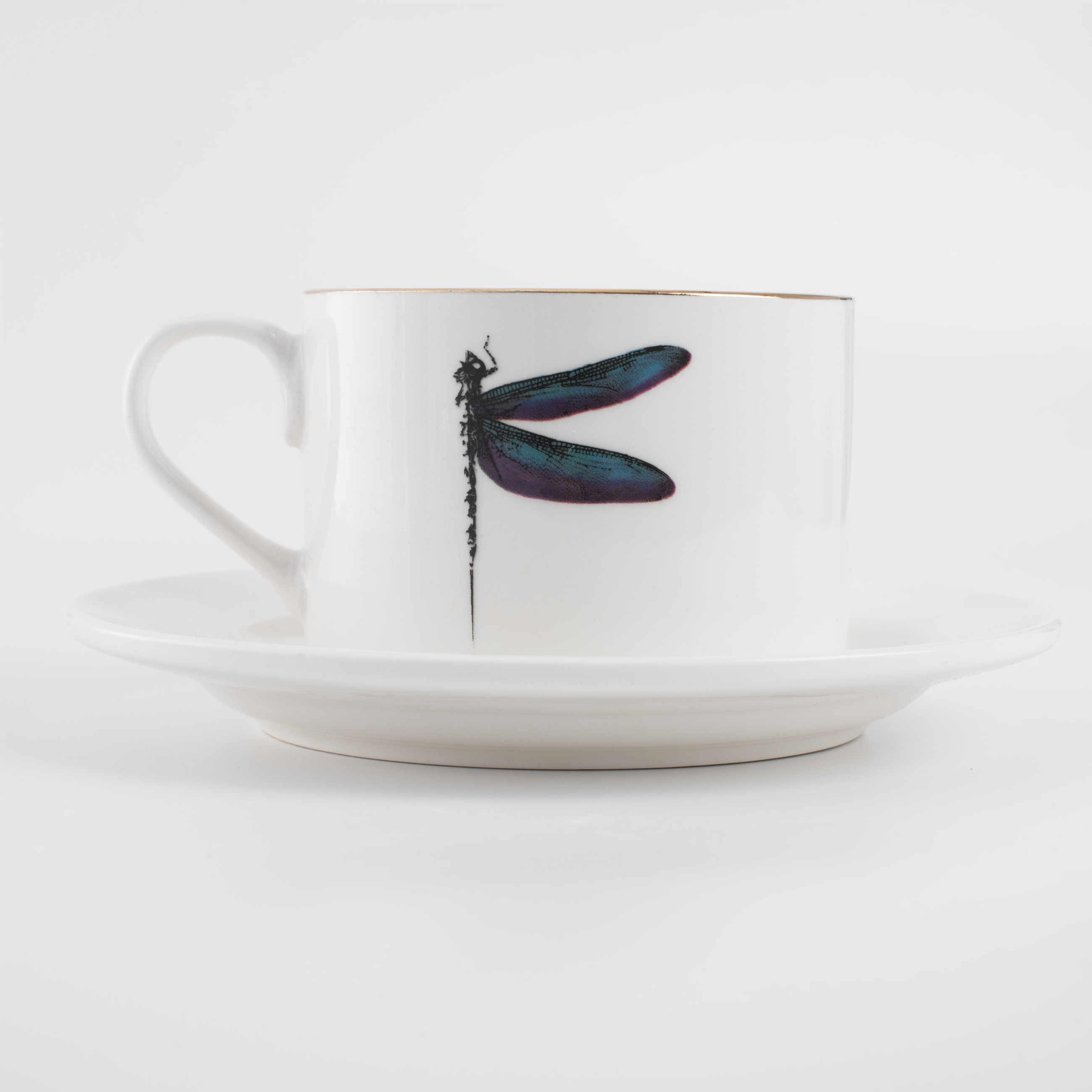 Tea pair, 1 person, 2 items, 220 ml, porcelain N, golden edging, Colored dragonfly, Symphony, image-2
