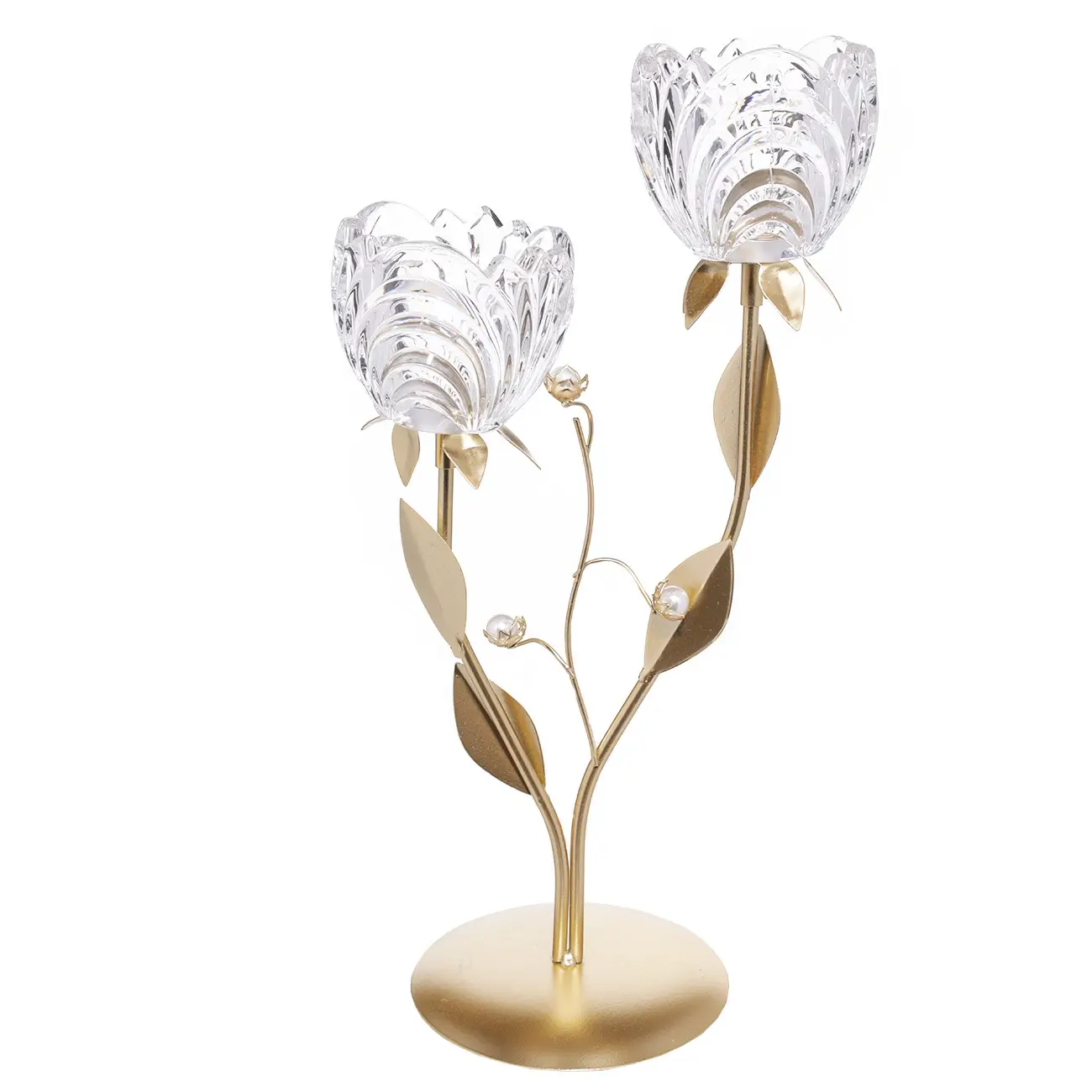 Candle holder, 39 cm, 2 tea candles, glass / metal, bronze, Flowers with beads, Fantastic flowers