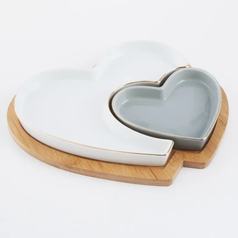 Snack set, 26x22 cm, 2 compartments, collapsible, on a stand, porcelain P / bamboo, white / grey, Heart ,image-0