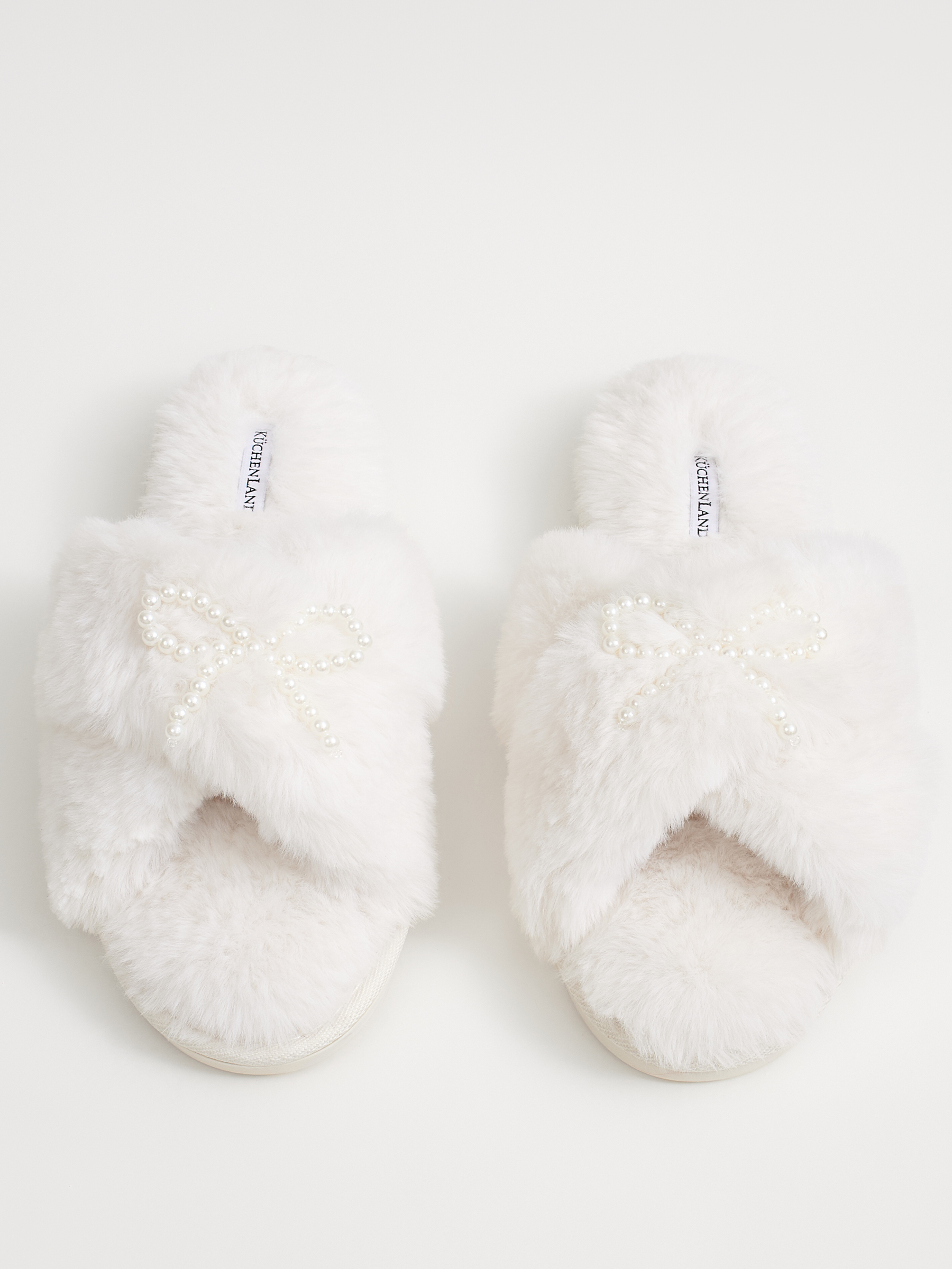 Women's slippers, homewear, size 36-37, artificial fur, white, Bow, Tape, image-2