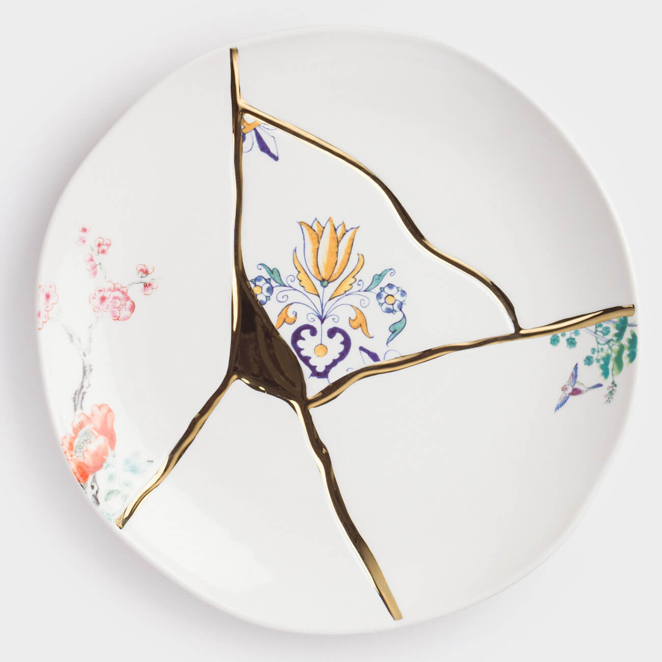 Dinner plate, 27 cm, porcelain N, white and gold, Kintsugi, Kintsugi