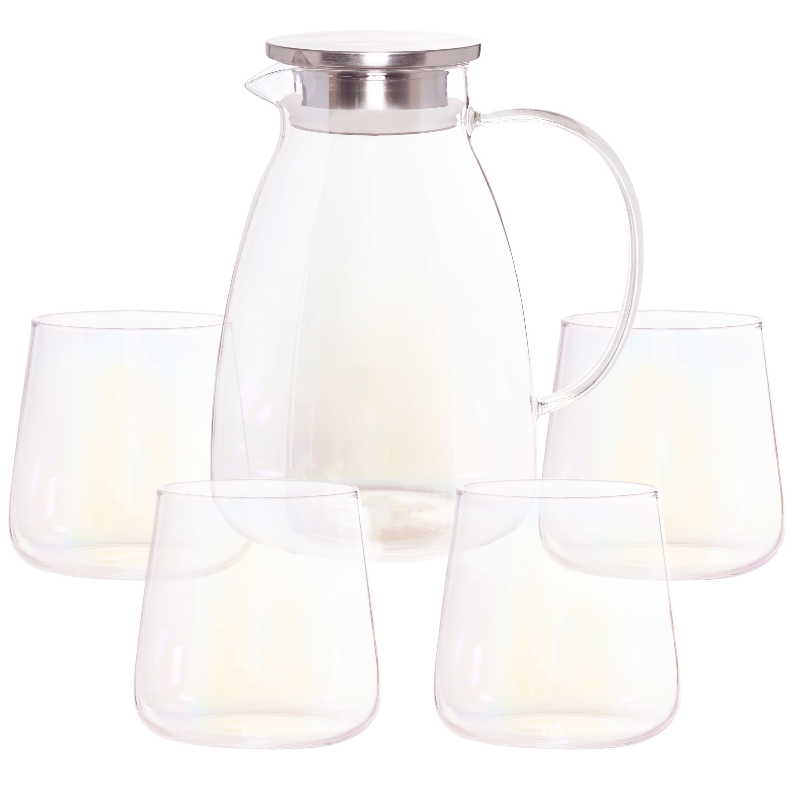 Set for drinks, 4 pers, 5 pr, jug / glasses, Used glass / steel, mother-of-pearl, Radiant, image-0