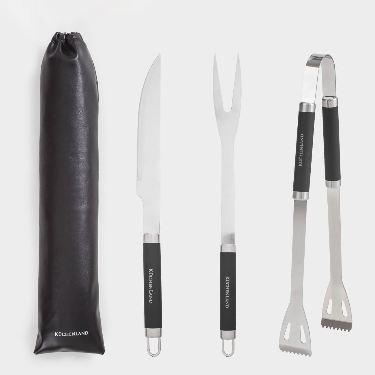 BBQ set, 3 items, in leather case, steel / plastic / eco-leather, BBQ
