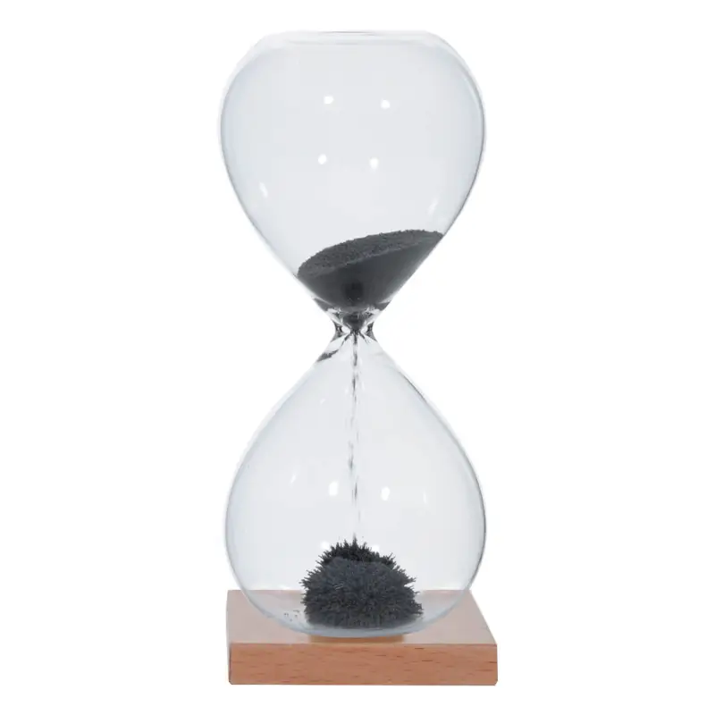 Hourglass, 16 cm, 1 minute, magnetic, stand, glass / wood, grey, Sand time