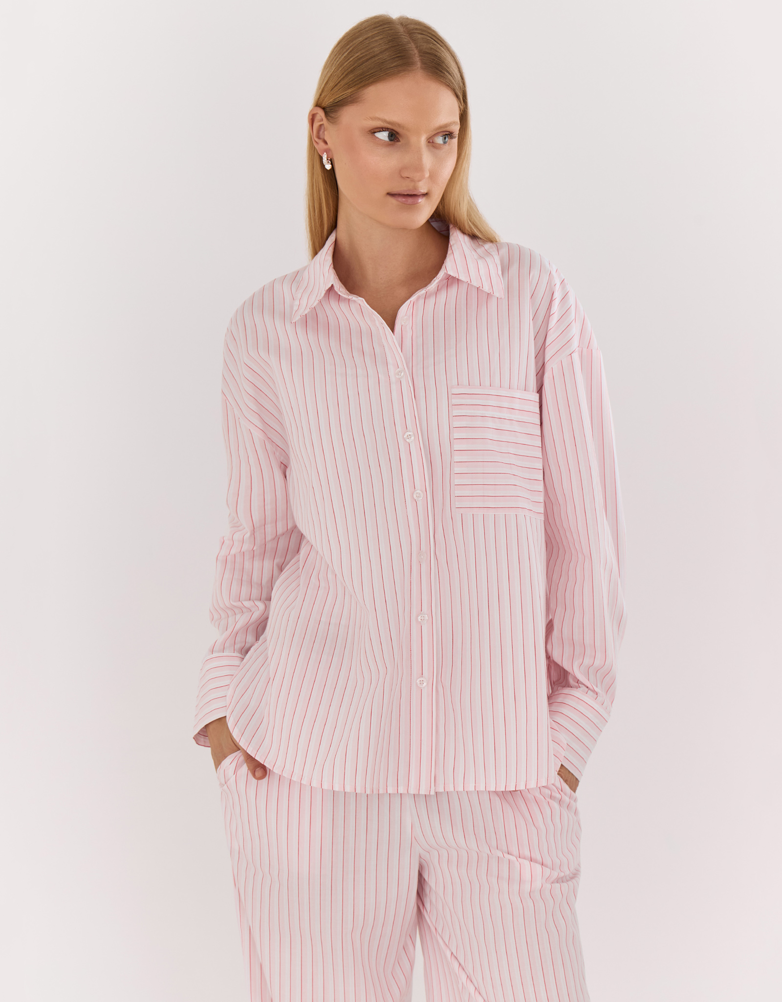Women's shirt, homewear, size L, with long sleeves, cotton, pink and white, Stripe, Sheria, image-1
