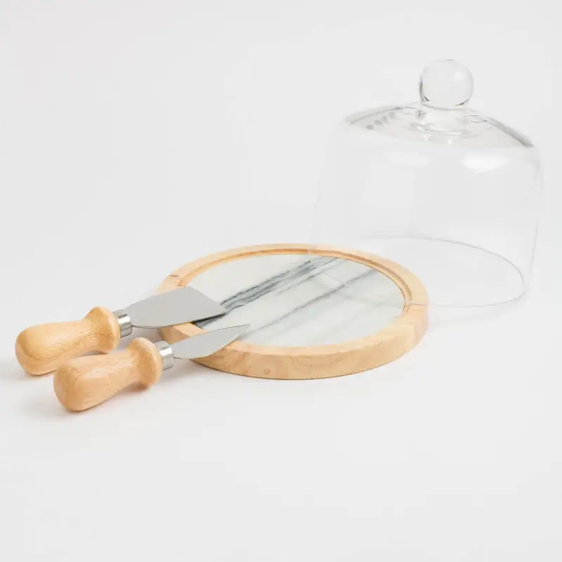 Cheese set, 4 pcs, dish stand / dome, Steel / Marble / wood / glass, Marble