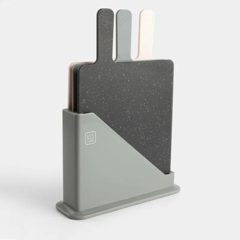 Cutting board, 32x20 cm, 3 pcs, in a stand, plastic, gray / beige / black, Speck ,image-0