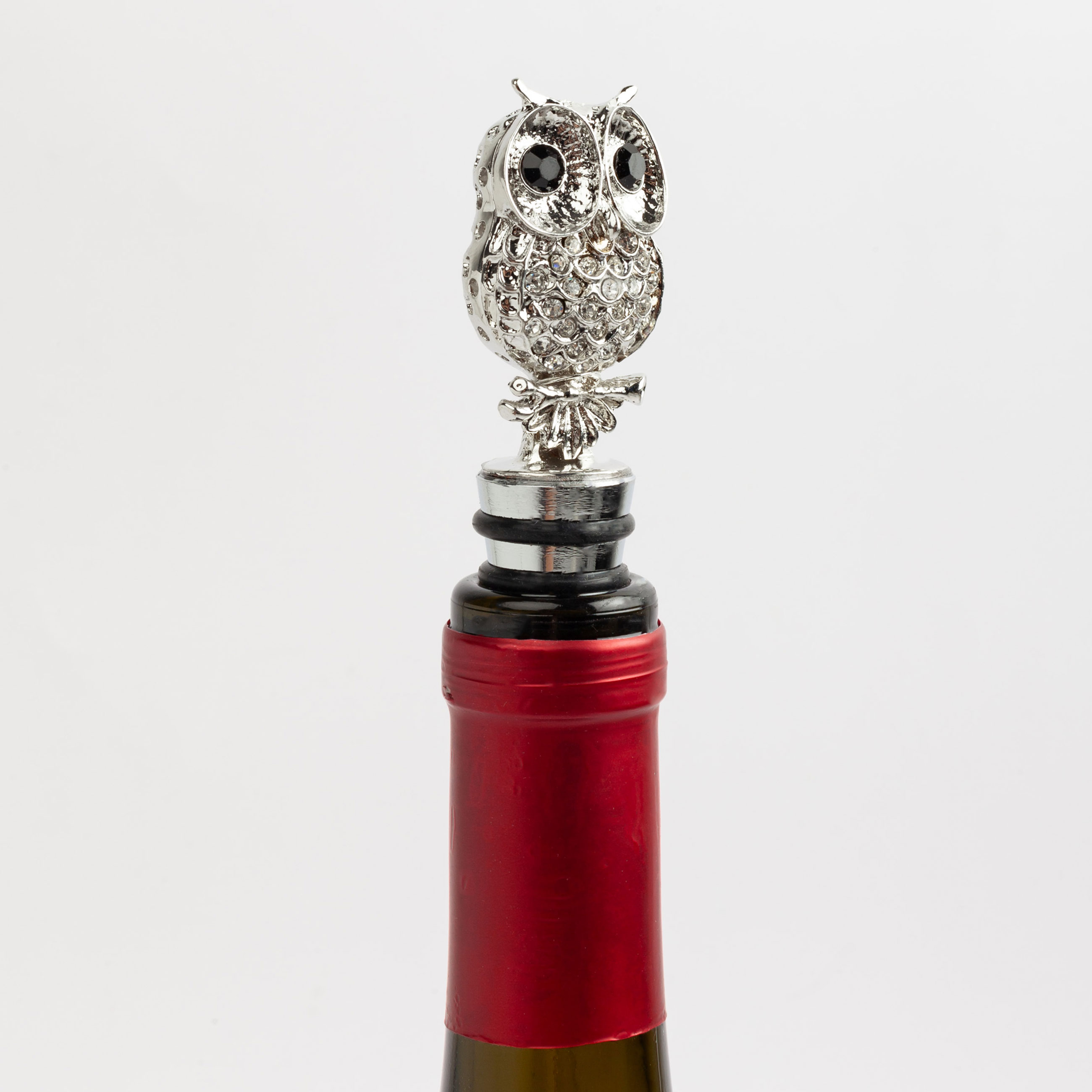 Wine bottle stopper, 11 cm, metal/rhinestones, silver, Owl, Birds, image-2