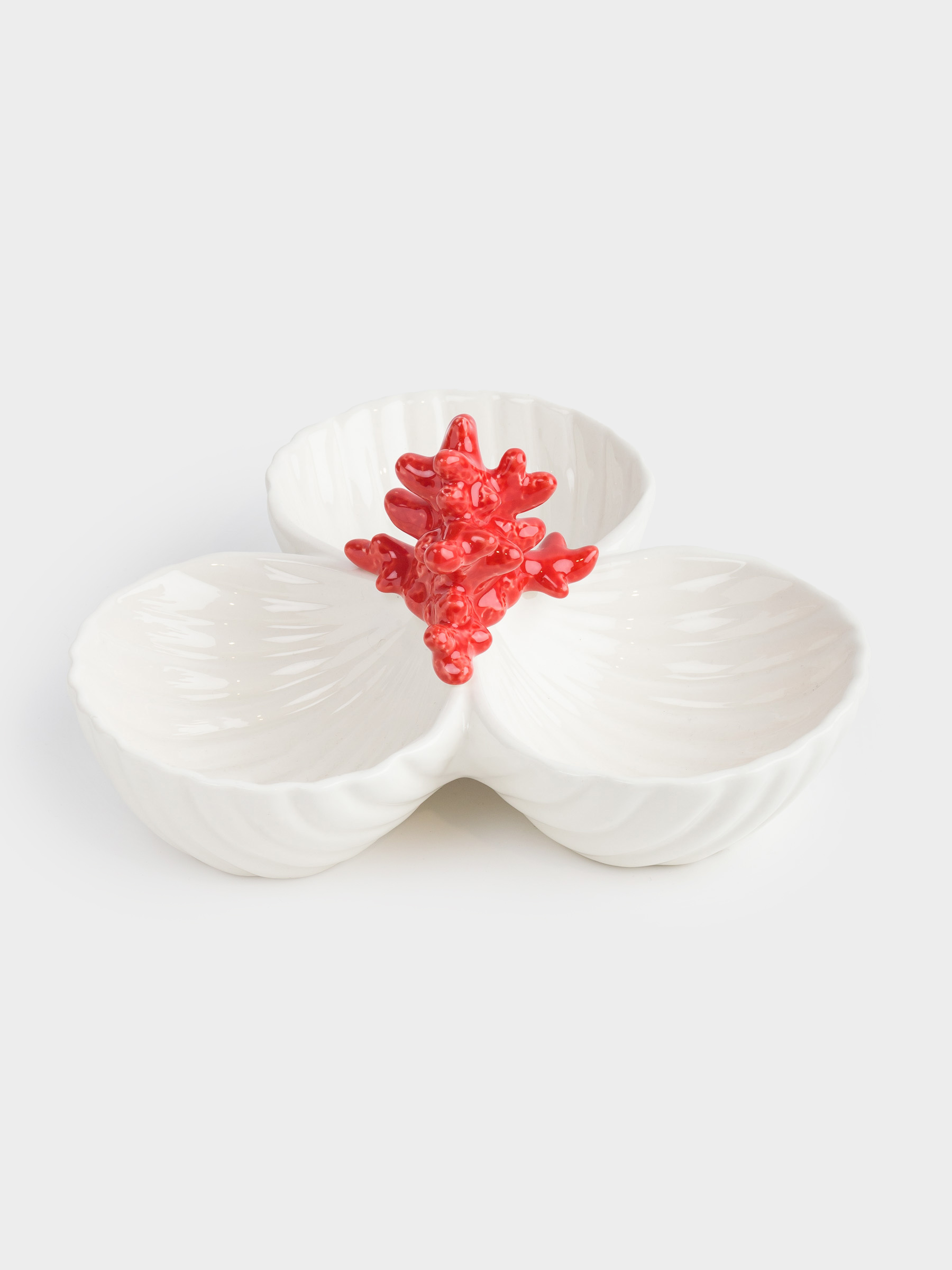 Divided plate, decorated, 26 cm, 3 compartments, porcelain P, white and red, Shells with coral, Coral, image-1