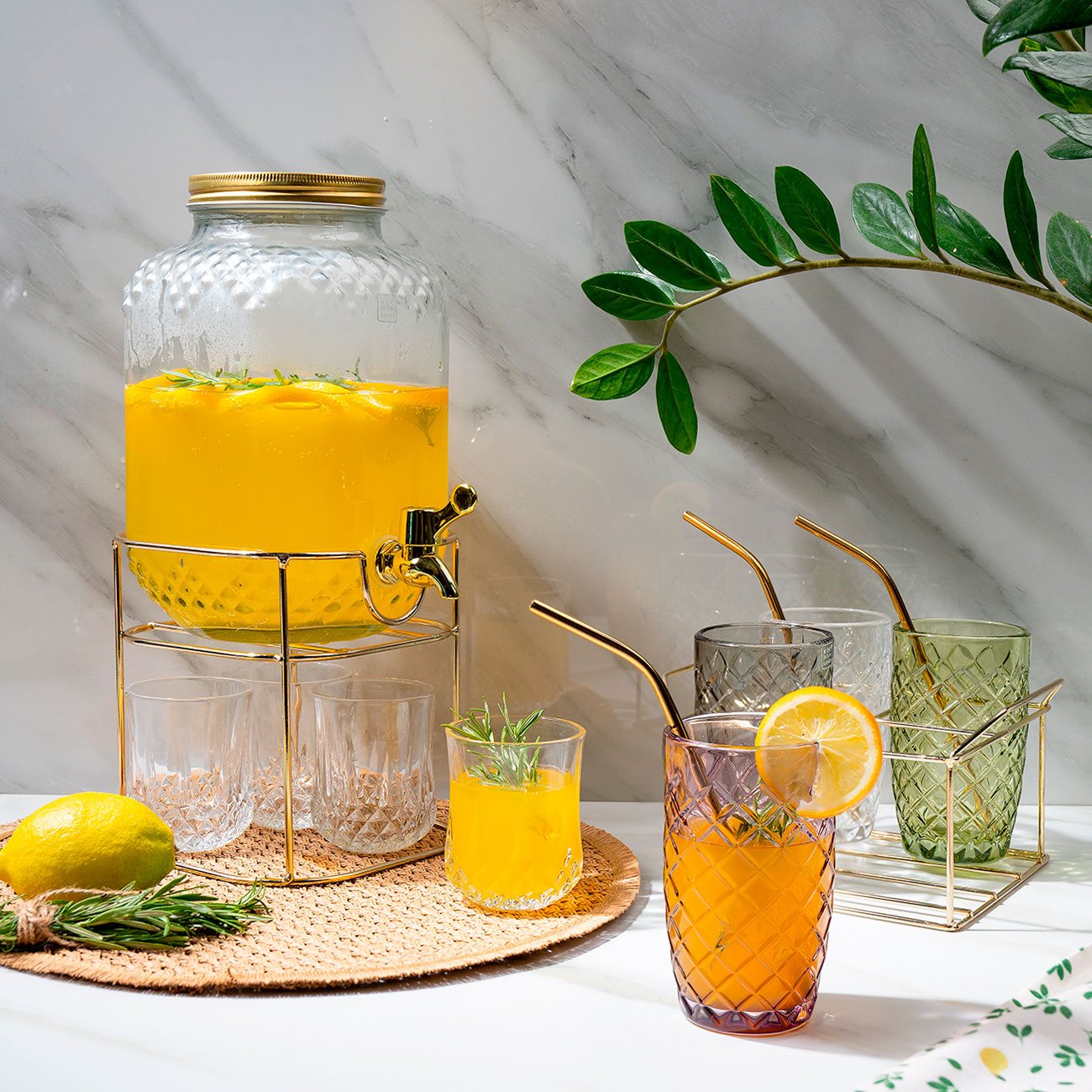 Set for drinks, 4 pers, 5 pr, dispenser on stand, gold, glass / metal, Regale, image-7