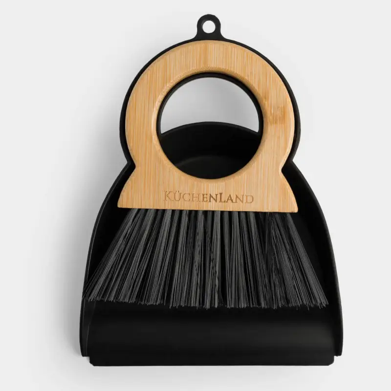 Garbage brush, with dustpan, 20 cm, bamboo / plastic, round handle, black, Black clean