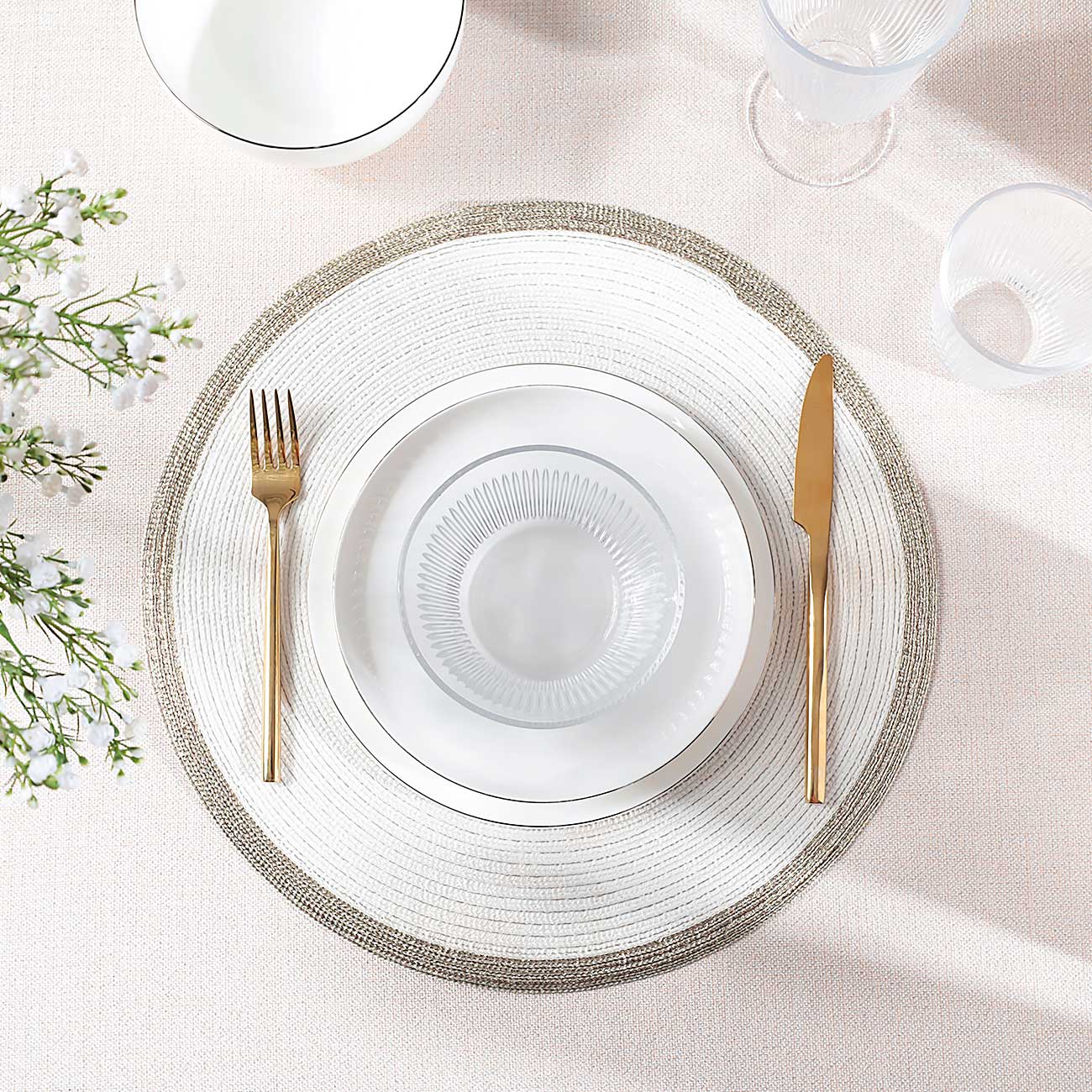 Instrument napkin, 38 cm, polyester, round, white, Gold border, Rotary rim, image-5