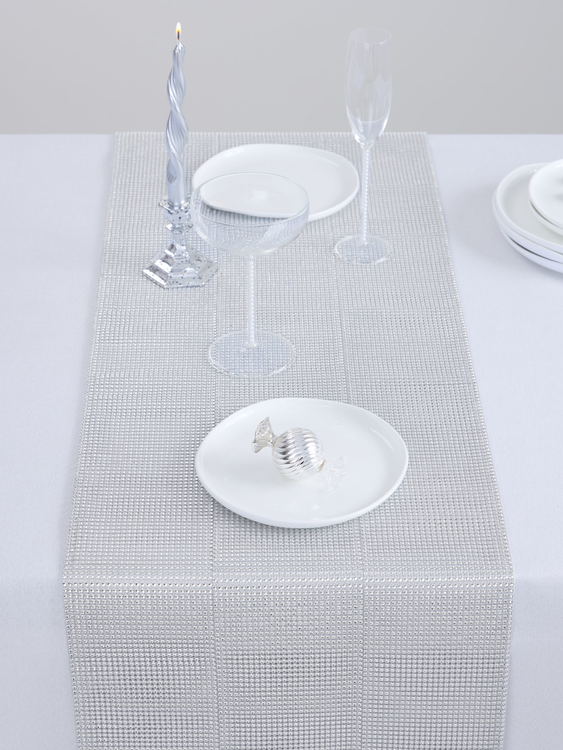 Table runner, 40x160 cm, with rhinestones, polyester / plastic, Silver, Rhinestones, image-3