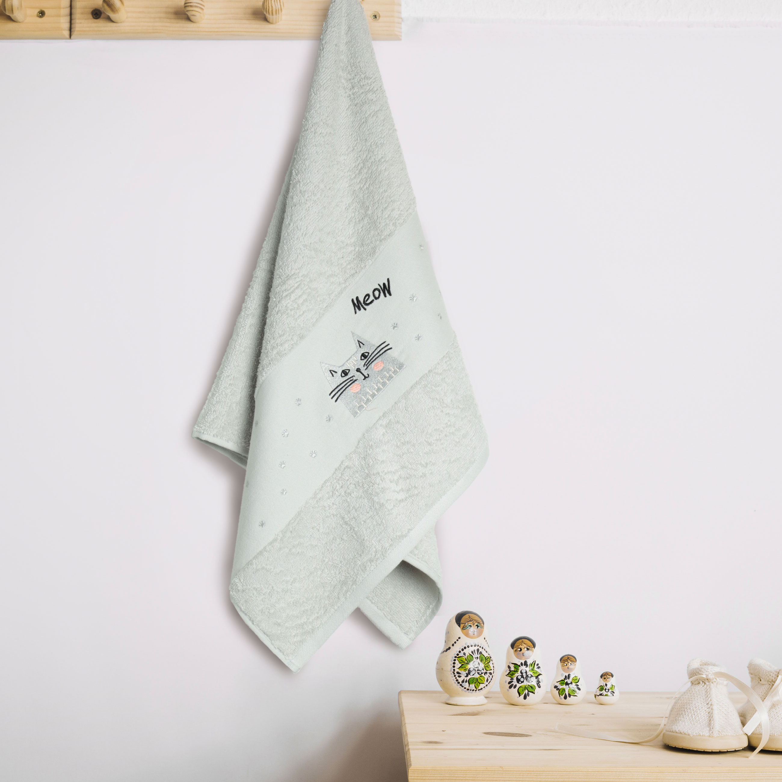 Baby towel, 50x90 cm, cotton, light grey, Cat, Grey cat