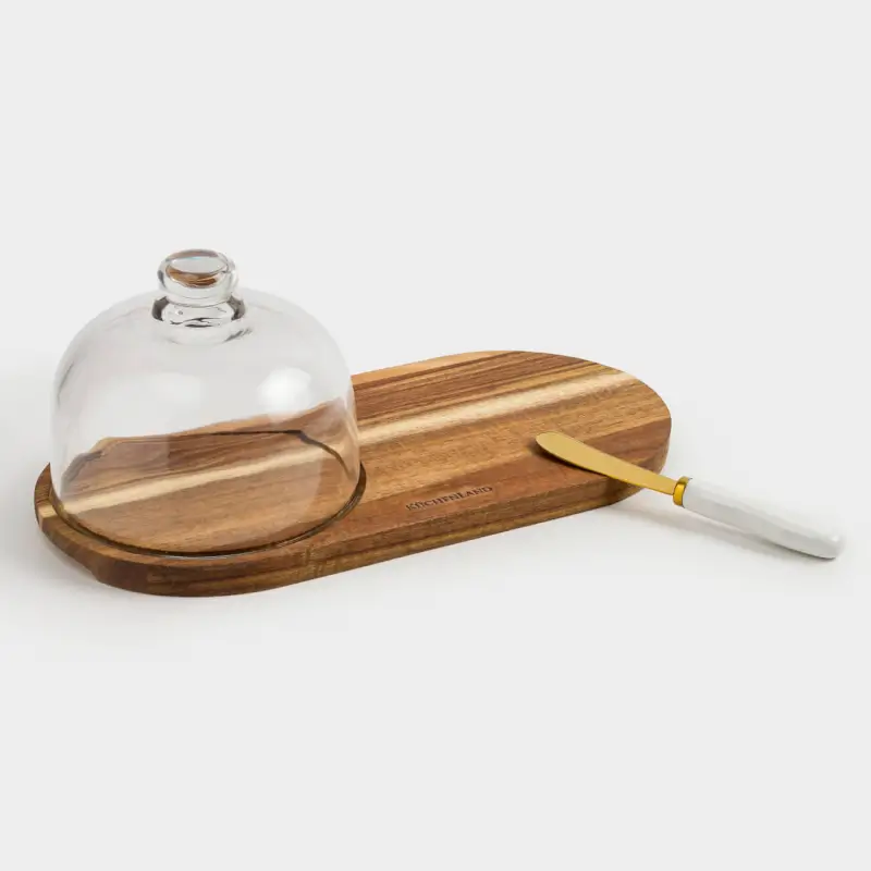 Cheese set, 3 items, dish board / dome, wood / steel / glass, Noble tree