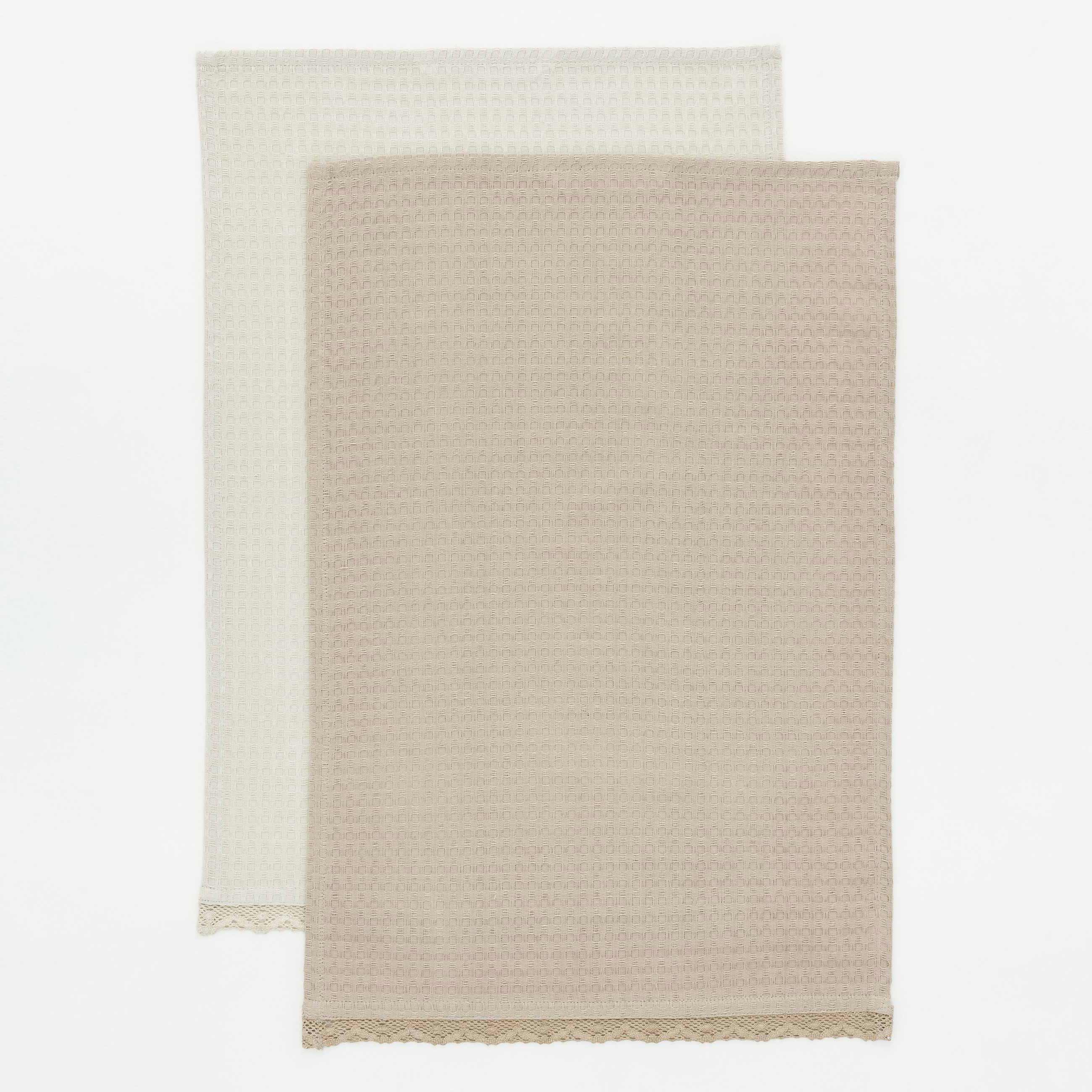 Kitchen towel, 40x60 cm, 2 pcs, with lace, cotton, beige, Waffle, image-0