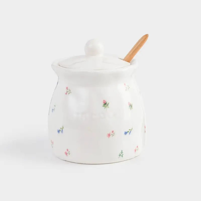 Sugar bowl, 12 cm, 370 ml, with spoon, ceramic / wood, milky, Flowers, El flora