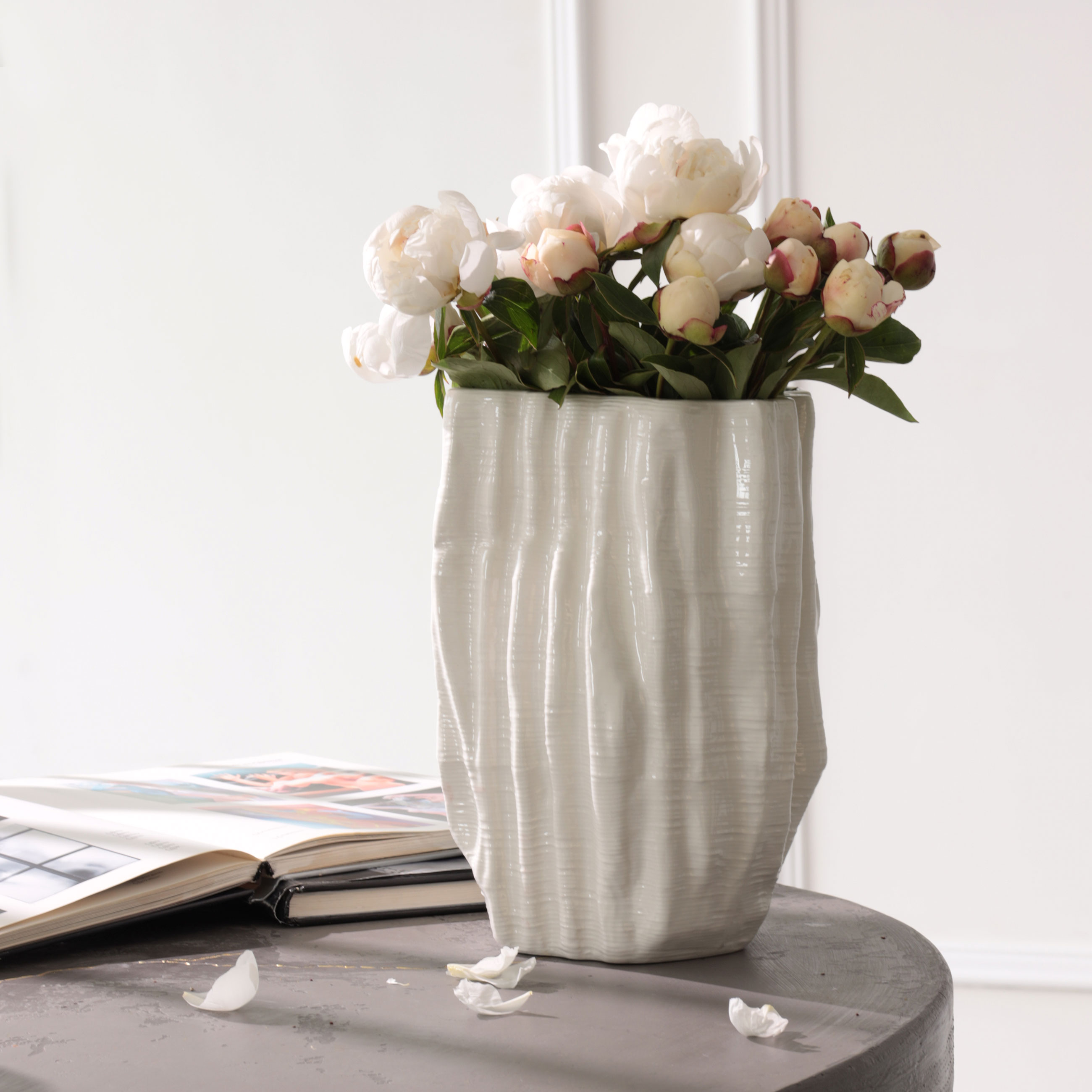 Flower vase, 28 cm, ceramic, White, Crumpled effect, Crumple