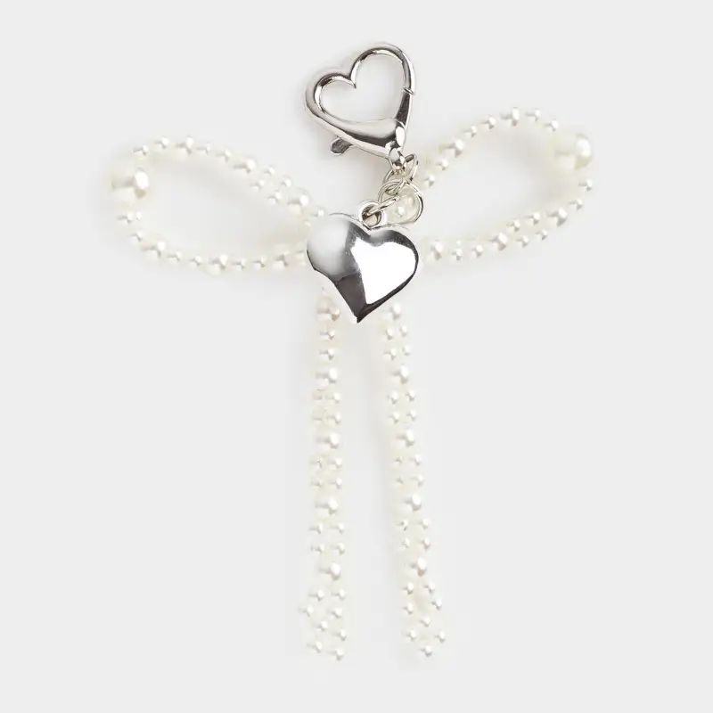 Keychain, 9 cm, acrylic / metal, Silver, Heart and beads, Pearl heart ,image-0