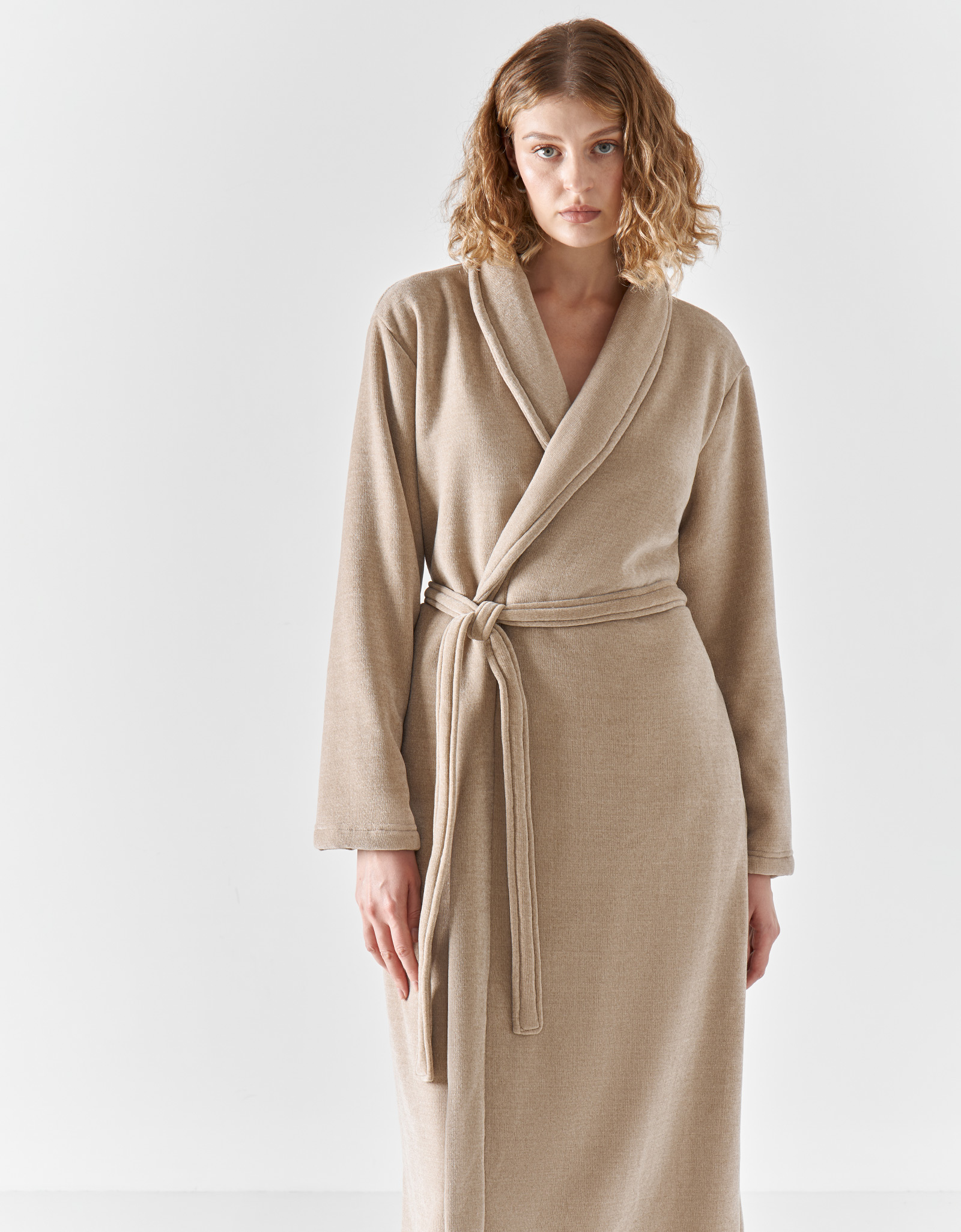 Women's robe, homewear, size L / XL, with long sleeves, chenille / faux fur, beige, Jesse, image-1