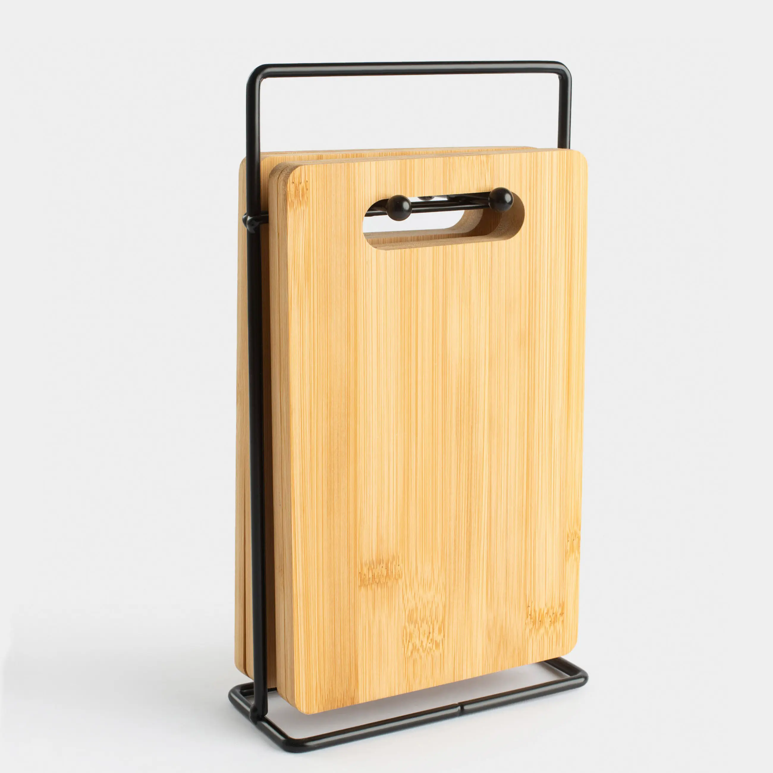 Cutting board, 22x14 cm, 4 pcs, on a stand, bamboo / steel, rectangular, Bamboo