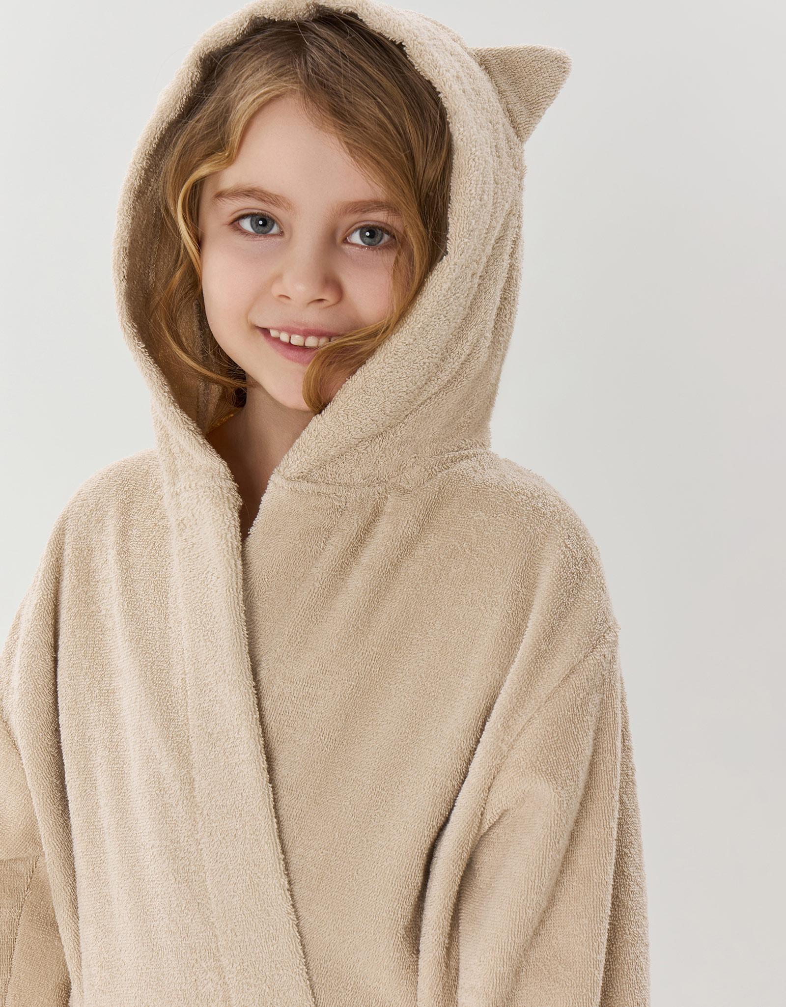 Children's robe, size 110-122 cm, with long sleeves, hooded, cotton, beige, Ears, Teddy, image-7