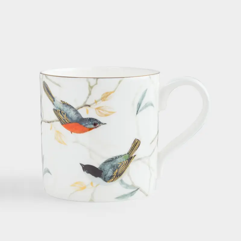 Mug, 330 ml, porcelain F, with golden edging, Warbler and tit, Paradise bird, image-0