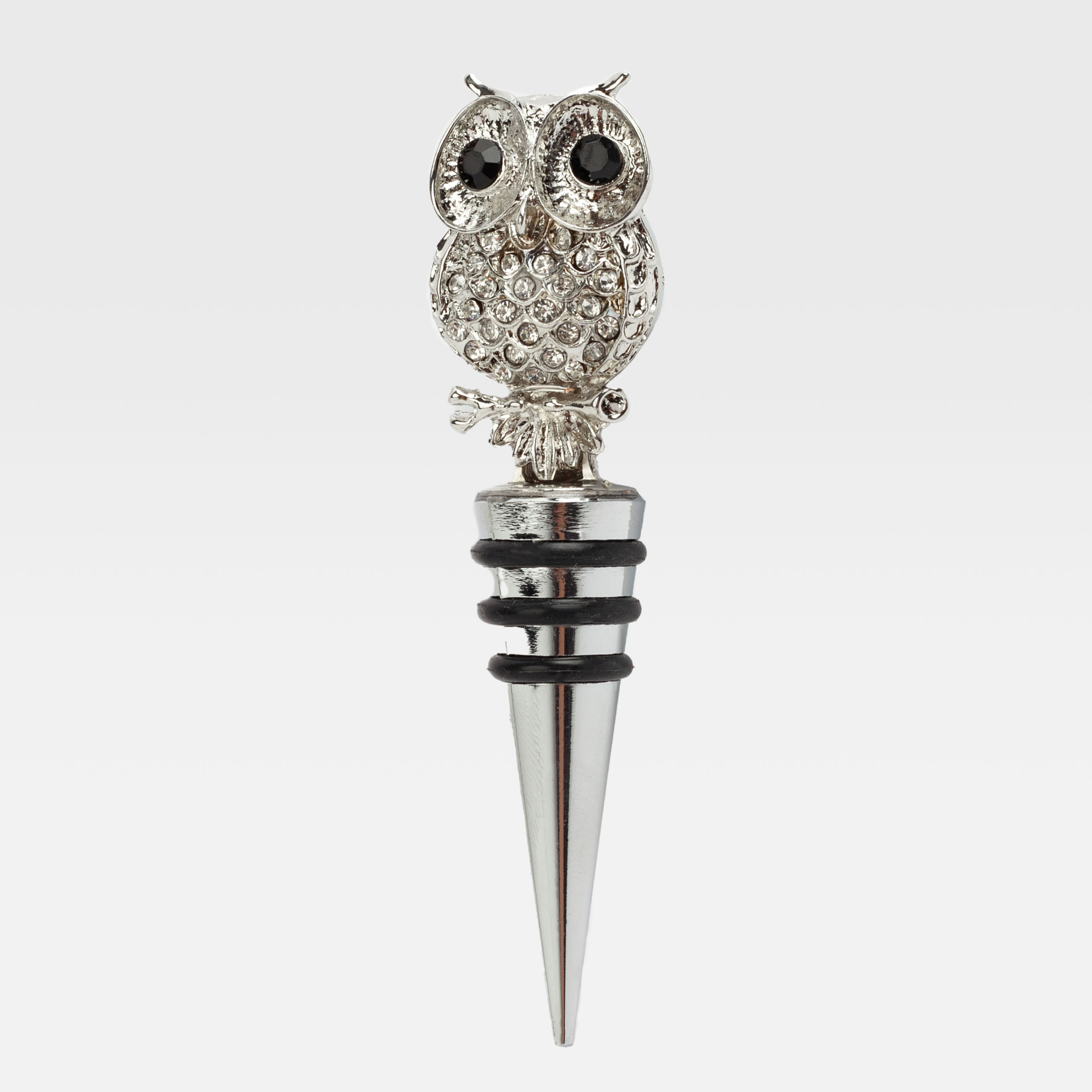 Beverage bottle stopper, 11 cm, metal/rhinestones, silver, Owl, Birds, image-0