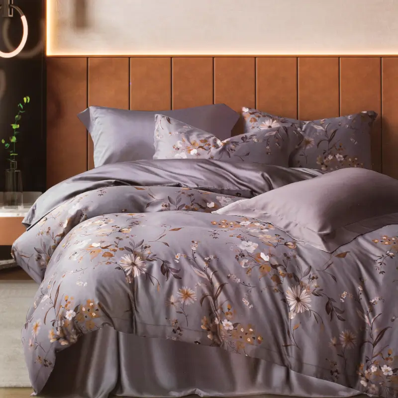 Bed linen set, euro, Tencel 300 TC, grey, Flowers and leaves, Tencel ,image-0