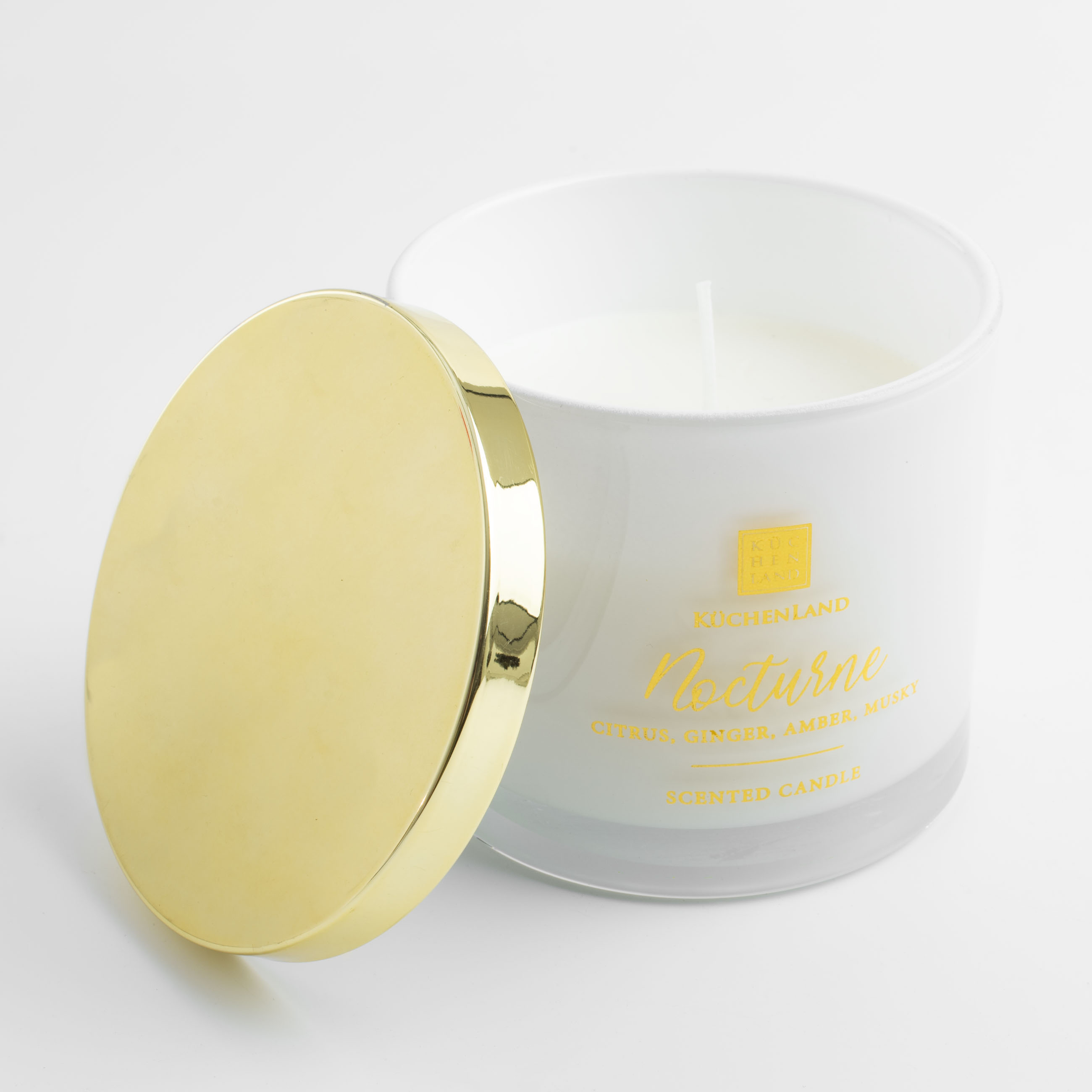 Scented candle, 9 cm, in a candle holder, with lid, glass, Citrus, Ginger, Amber, Musky, Nocturne