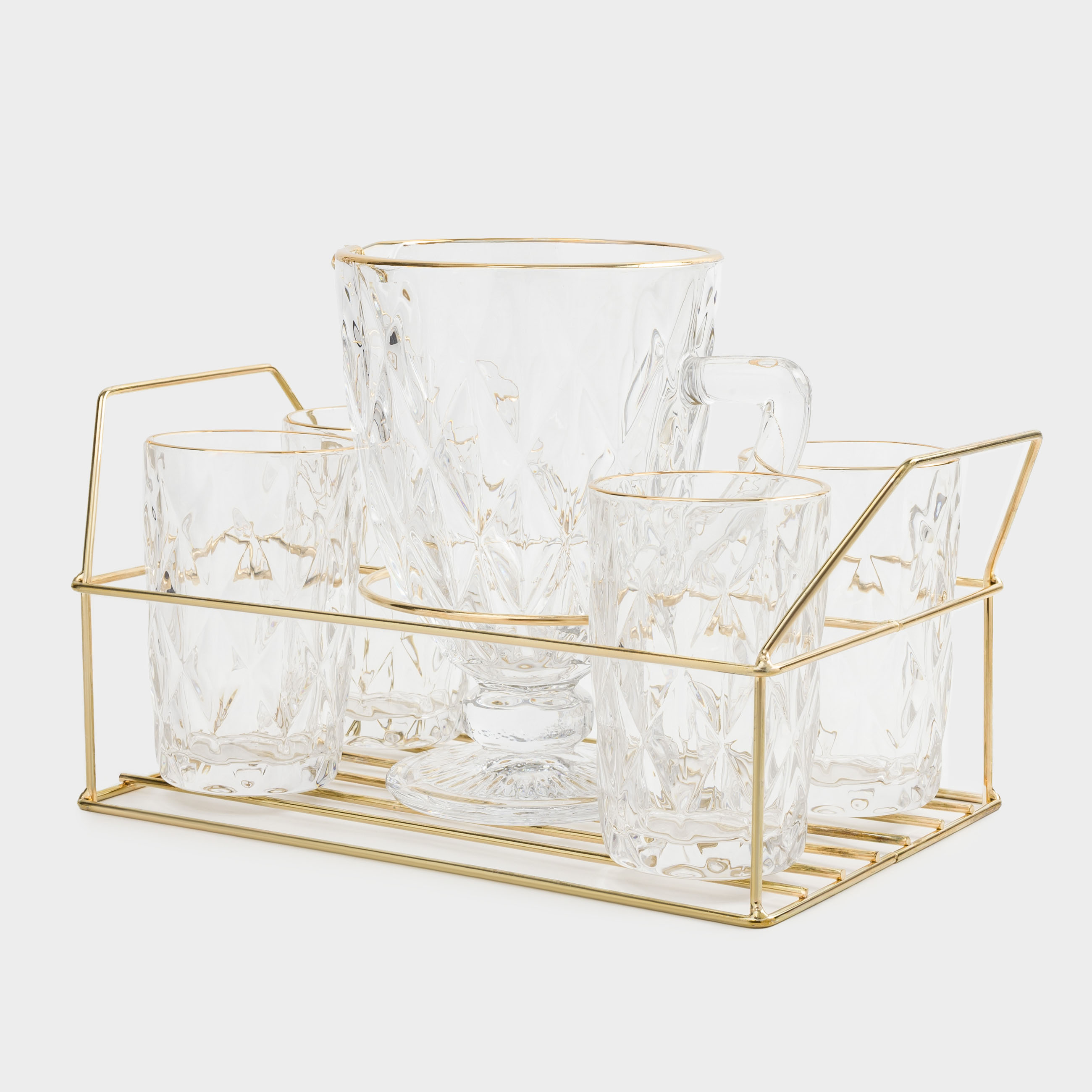 Set for drinks, 4 persons, 5 items, on a stand, glass R / metal, golden, Rhomb gold