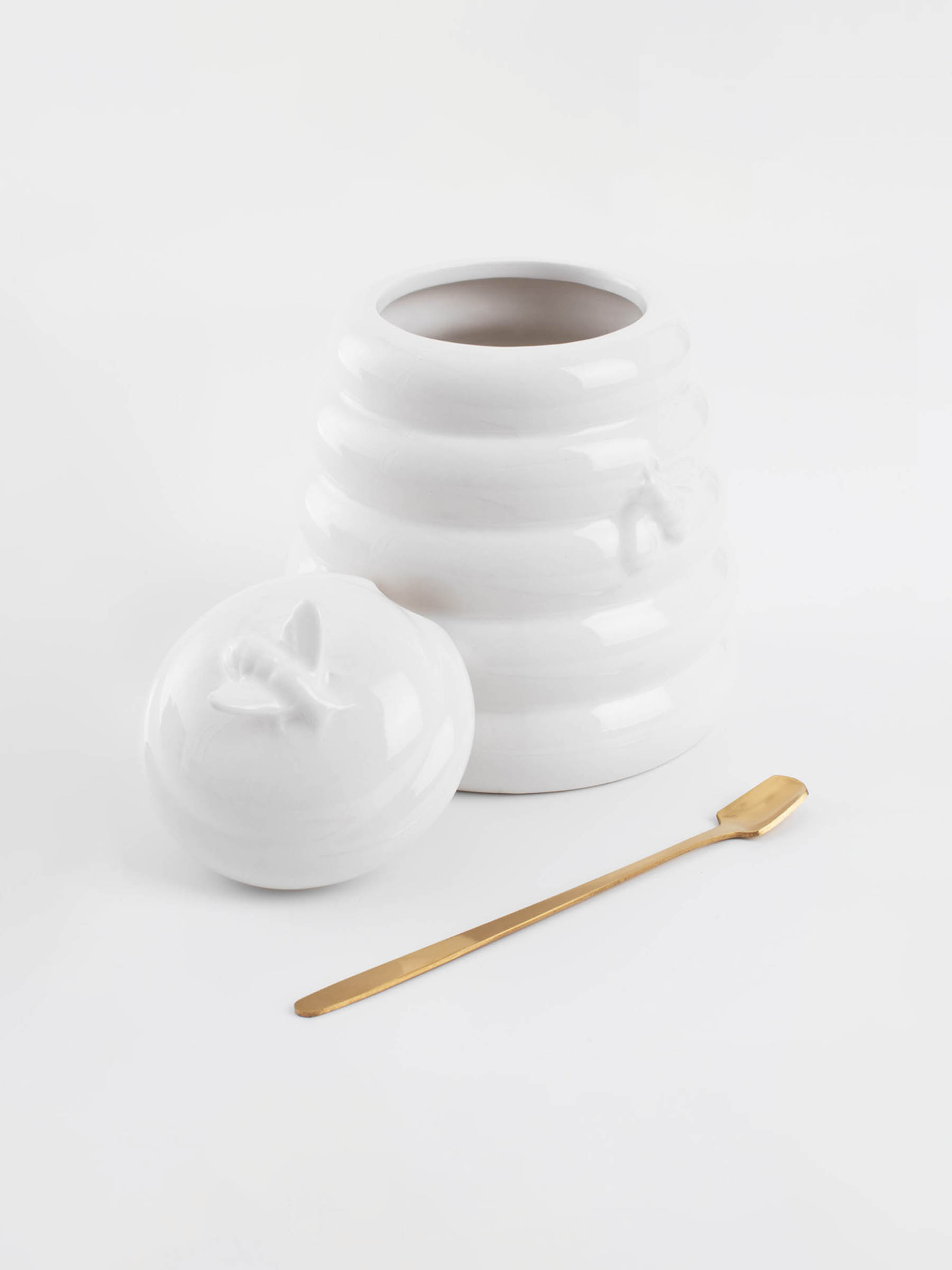 Honey jar, 650 ml, with spoon, ceramic / steel, milk, Bees, Honey, image-2