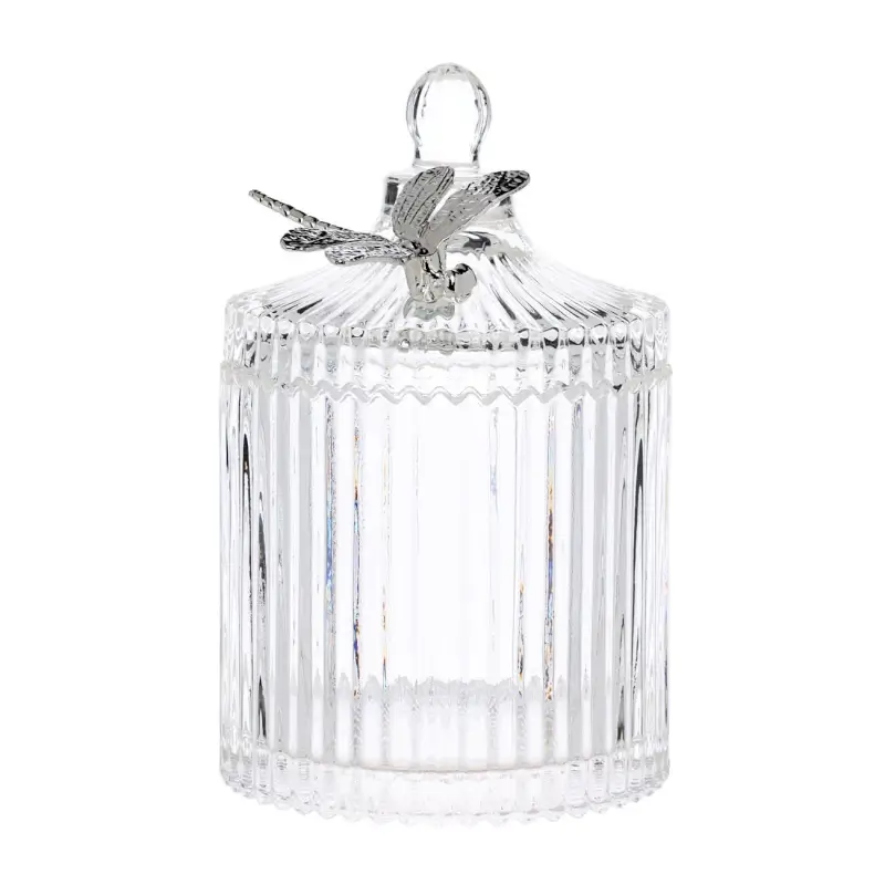 Candy bowl, 17x10 cm, 550 ml, with lid, glass R / metal, Silver dragonfly, Selene ,image-0