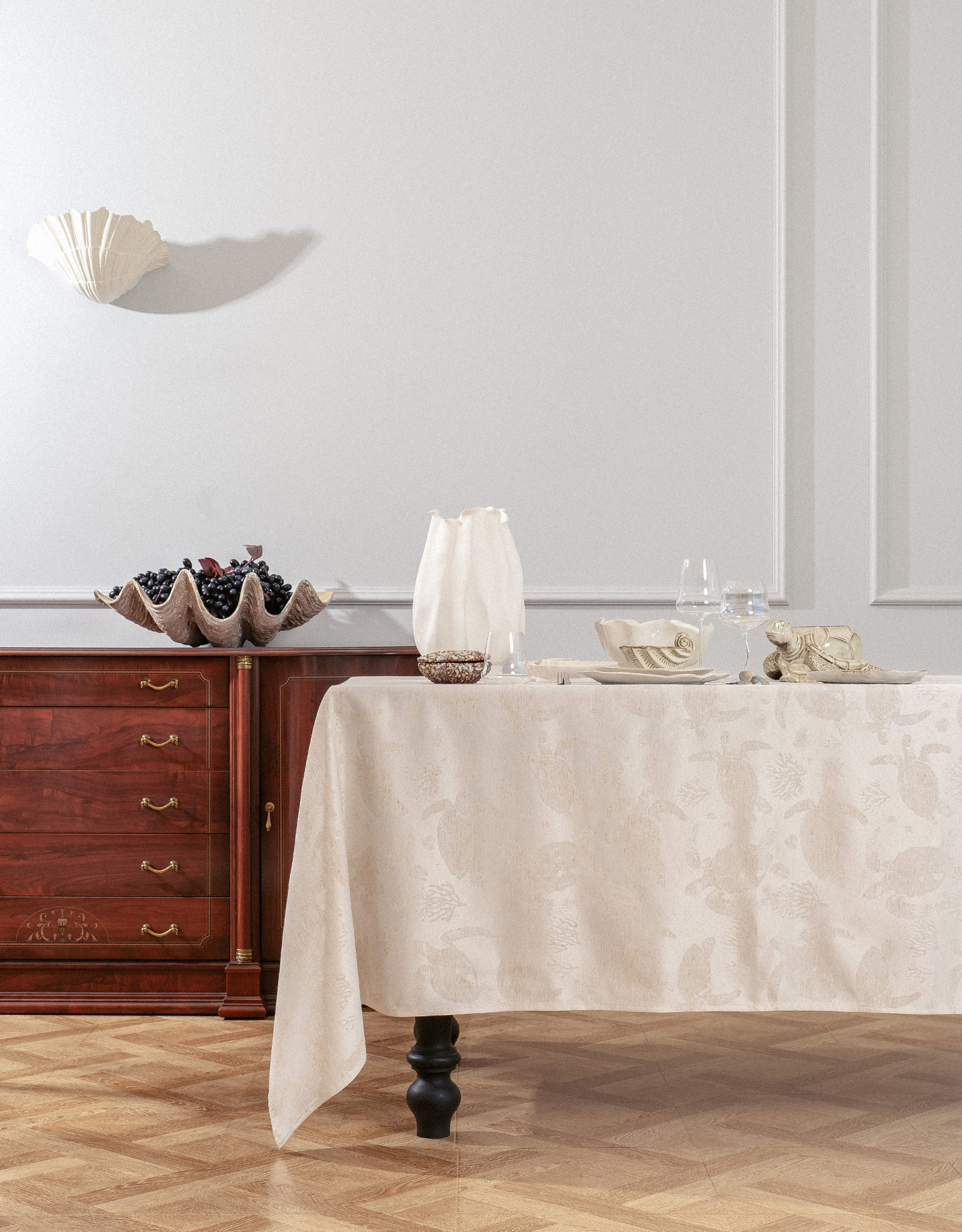 Tablecloth, 160x160 cm, jacquard, polyester / linen, beige, Turtles, Marine turtles, image-1