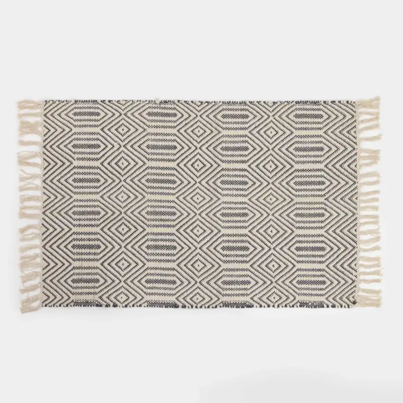 Rug, 60x90 cm, fringed, cotton, black and milk, Rhombic