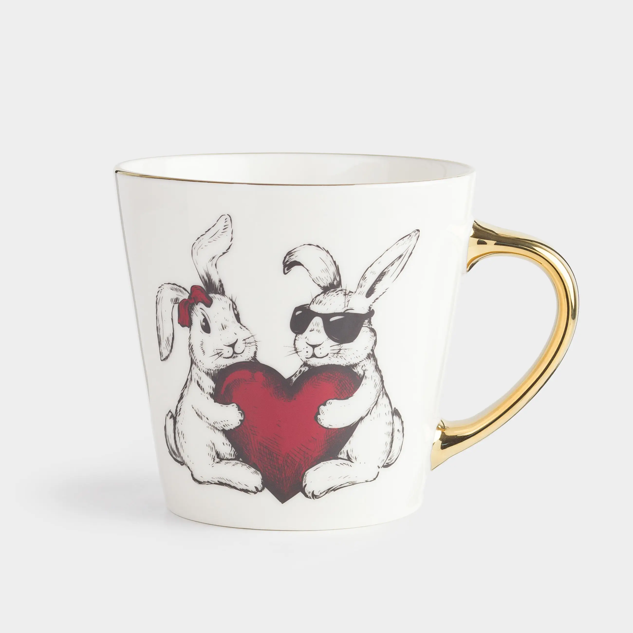 Mug, 330 ml, porcelain N, white and gold, Rabbits with heart, Rabbit