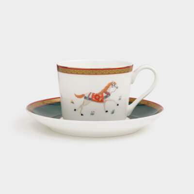 Tea pair, 1 person, 2 items, 260 ml, porcelain F, color, with golden edging, Horses, Blue wind ,image-0