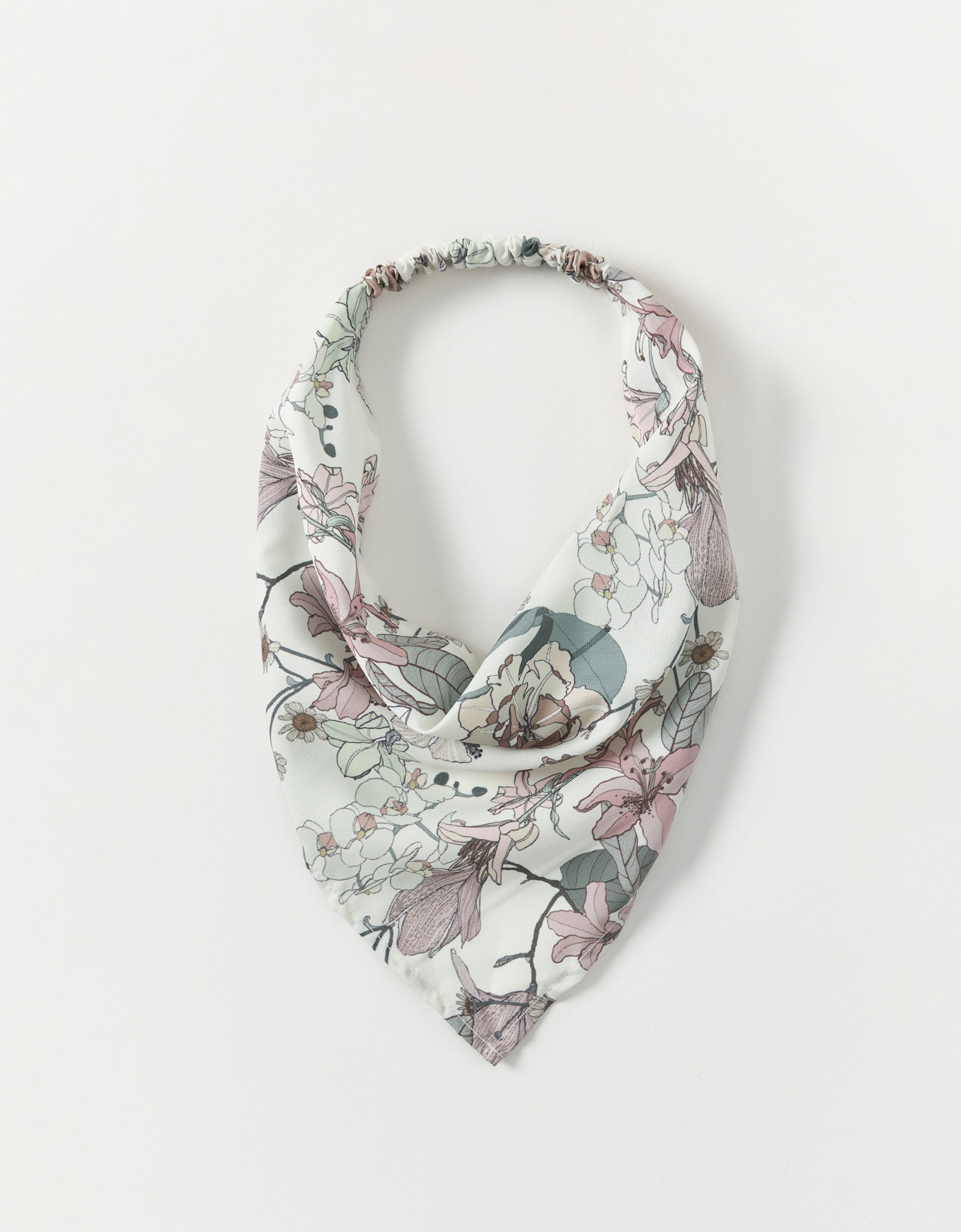 Bandana, 30 cm, elastic band, polyester, white, Flowers and leaves, Kerchief, image-0