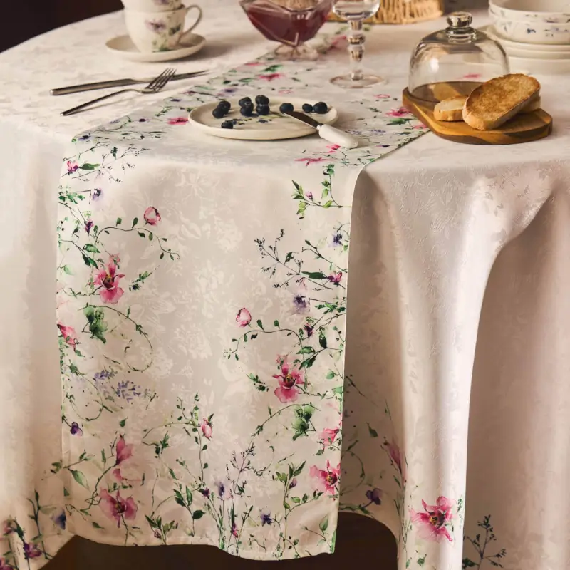 Table runner, 40x160 cm, jacquard, polyester, white, Spring flowers, Petal serenity