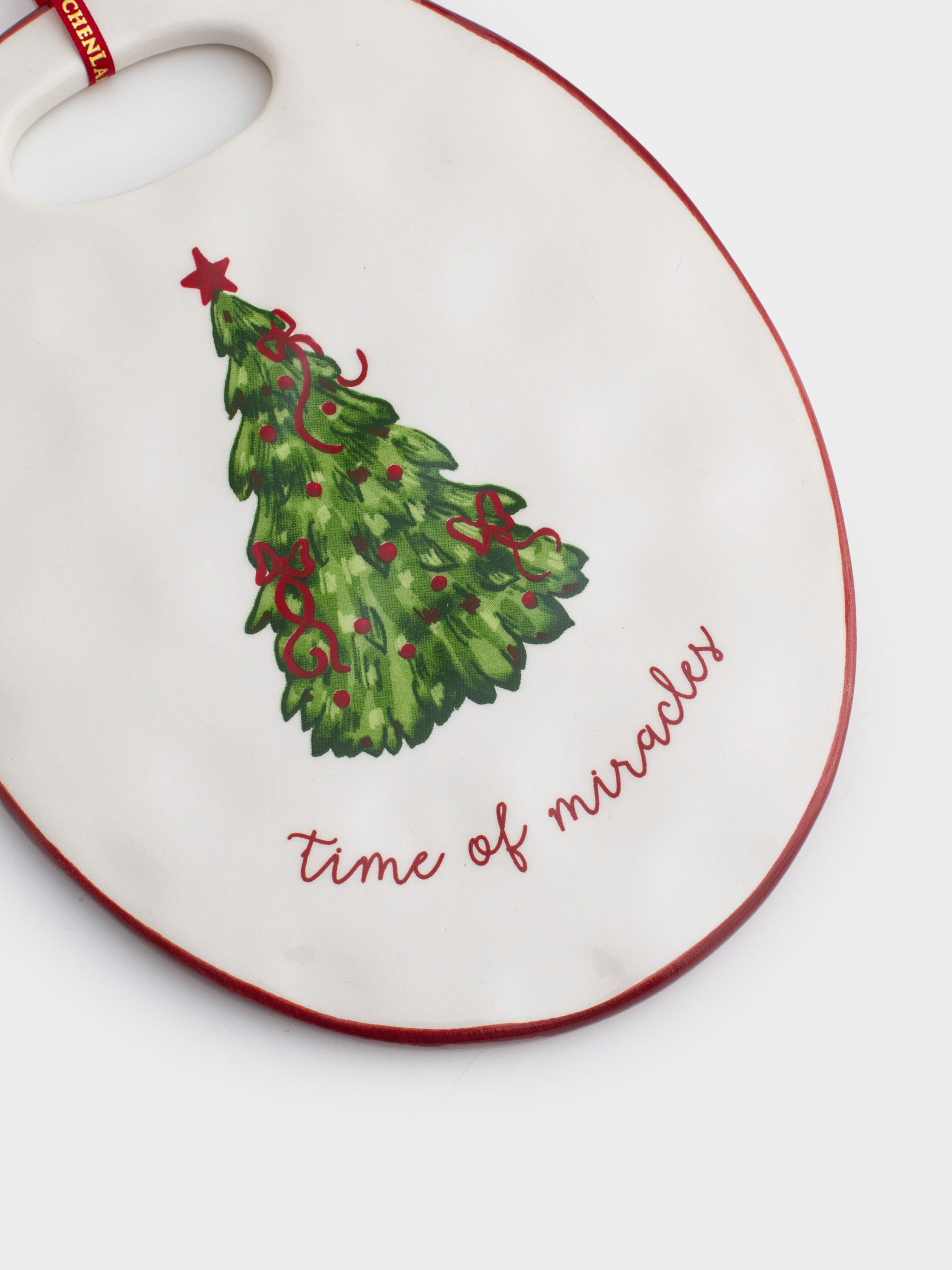 Hot trivet, 15x20 cm, ceramic / cork, Oval, Christmas tree with bows, Christmas tree, image-1